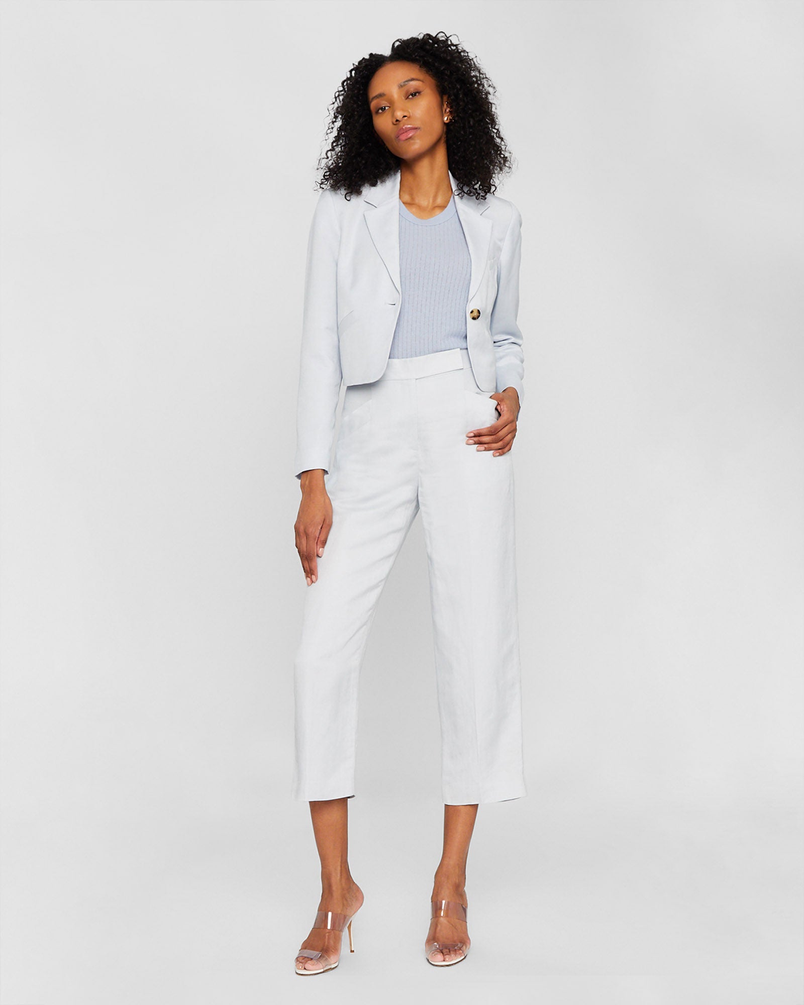 CLUB MONACO - Blazer court en mélange de lin - Bleu Ardoise