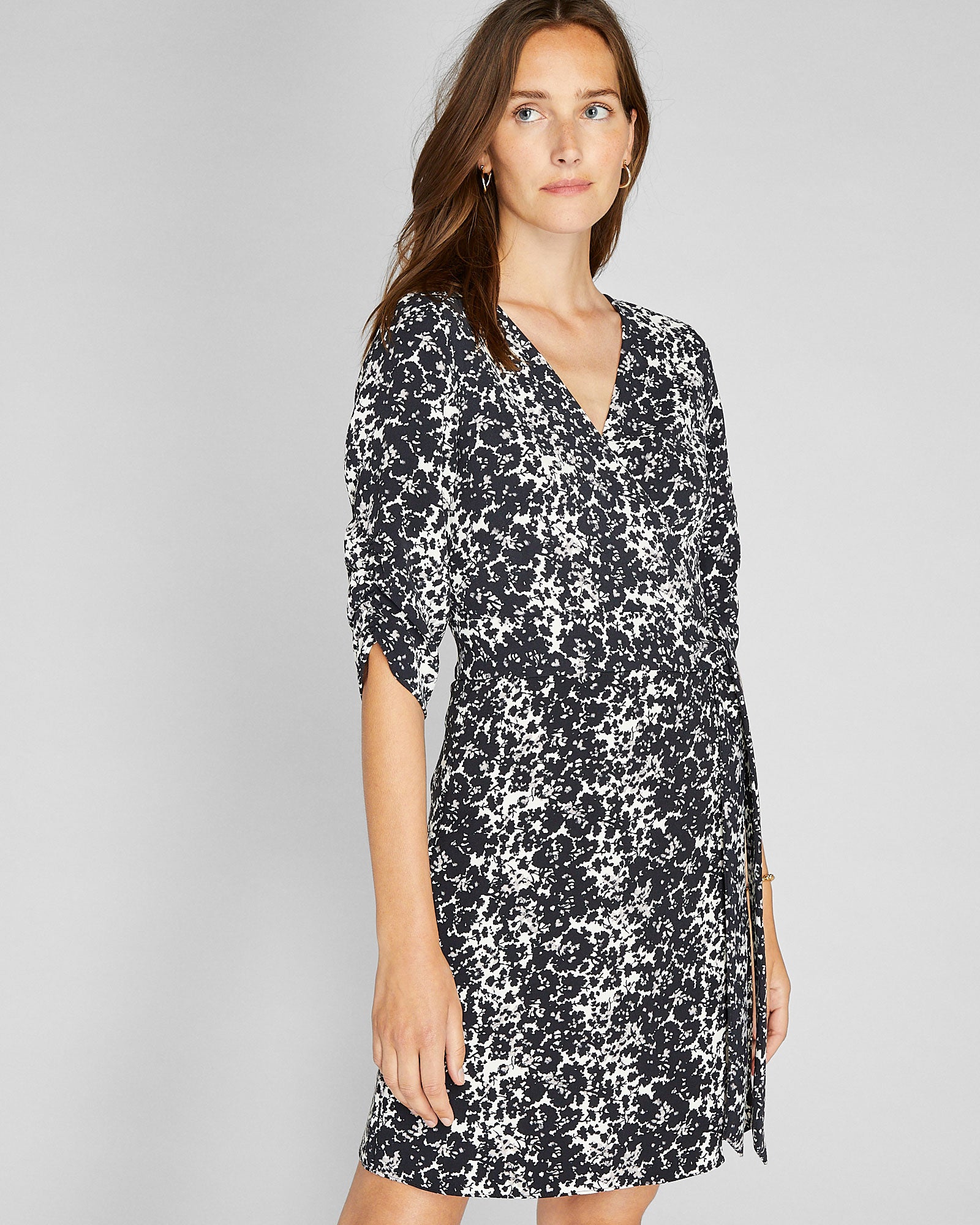 Women's Black Mix Ruched Sleeve Wrap Dress