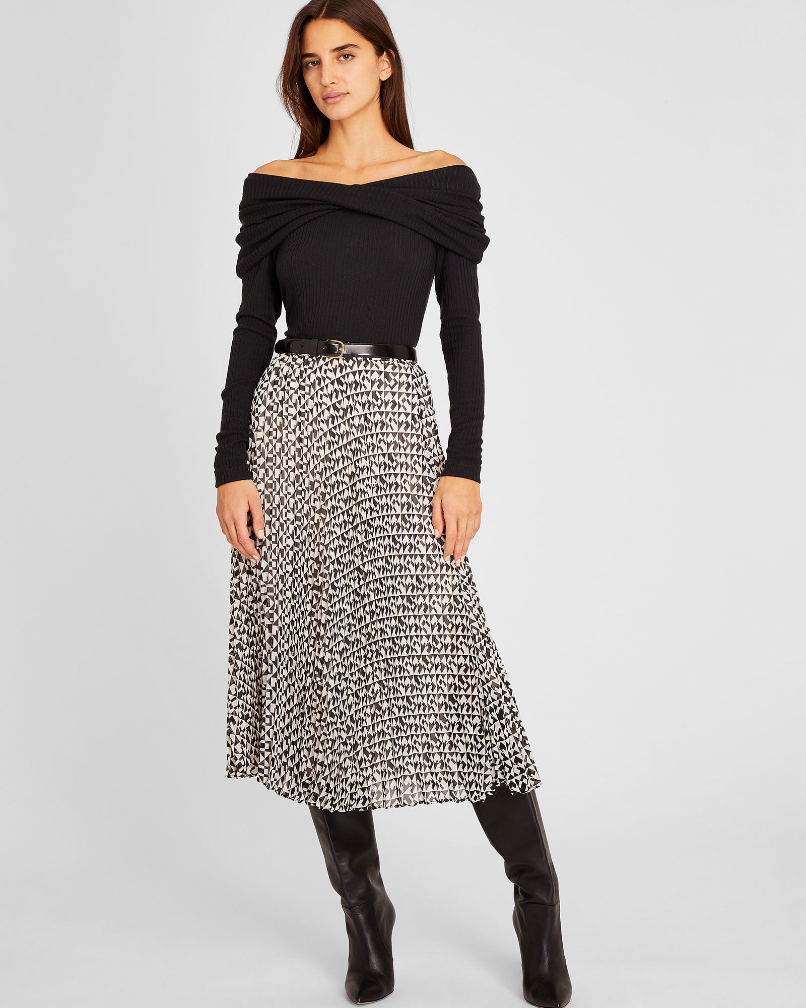 CLUB MONACO - Geo Print Pleated Midi Skirt - Graphite Geo Print