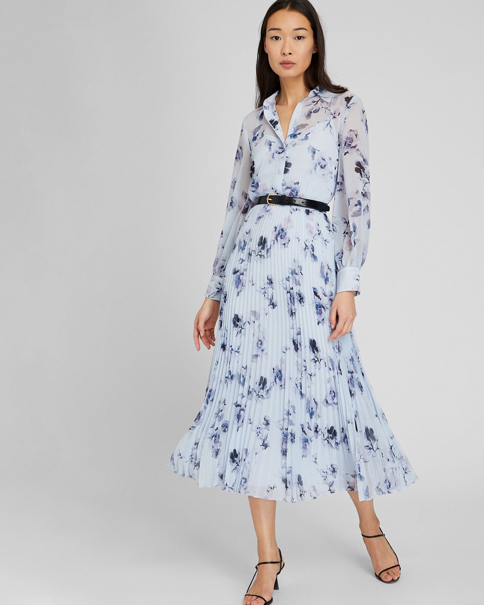 CLUB MONACO - Robe chemisier longue plissée - Bleu Horizon