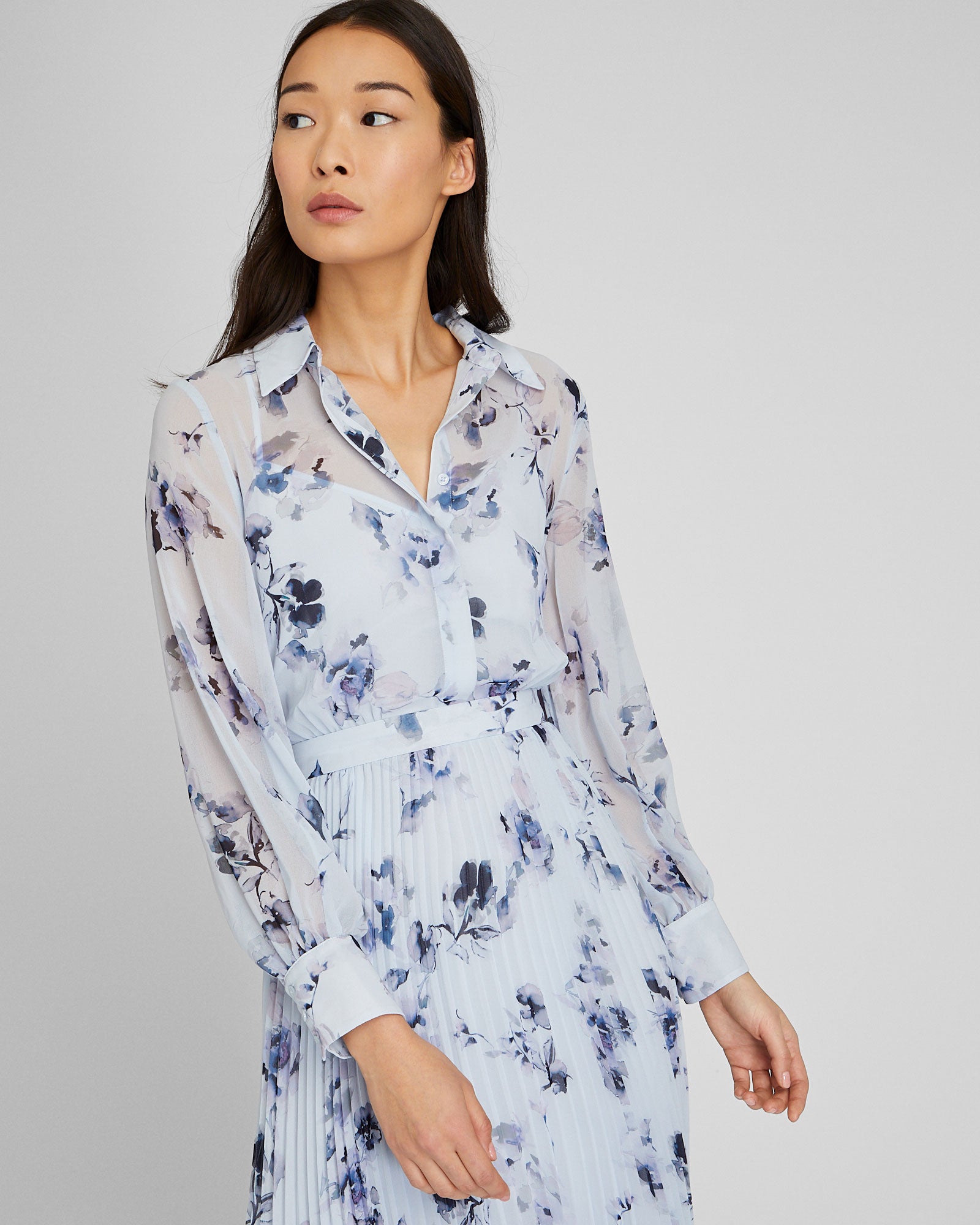 CLUB MONACO - Robe chemisier longue plissée - Bleu Horizon