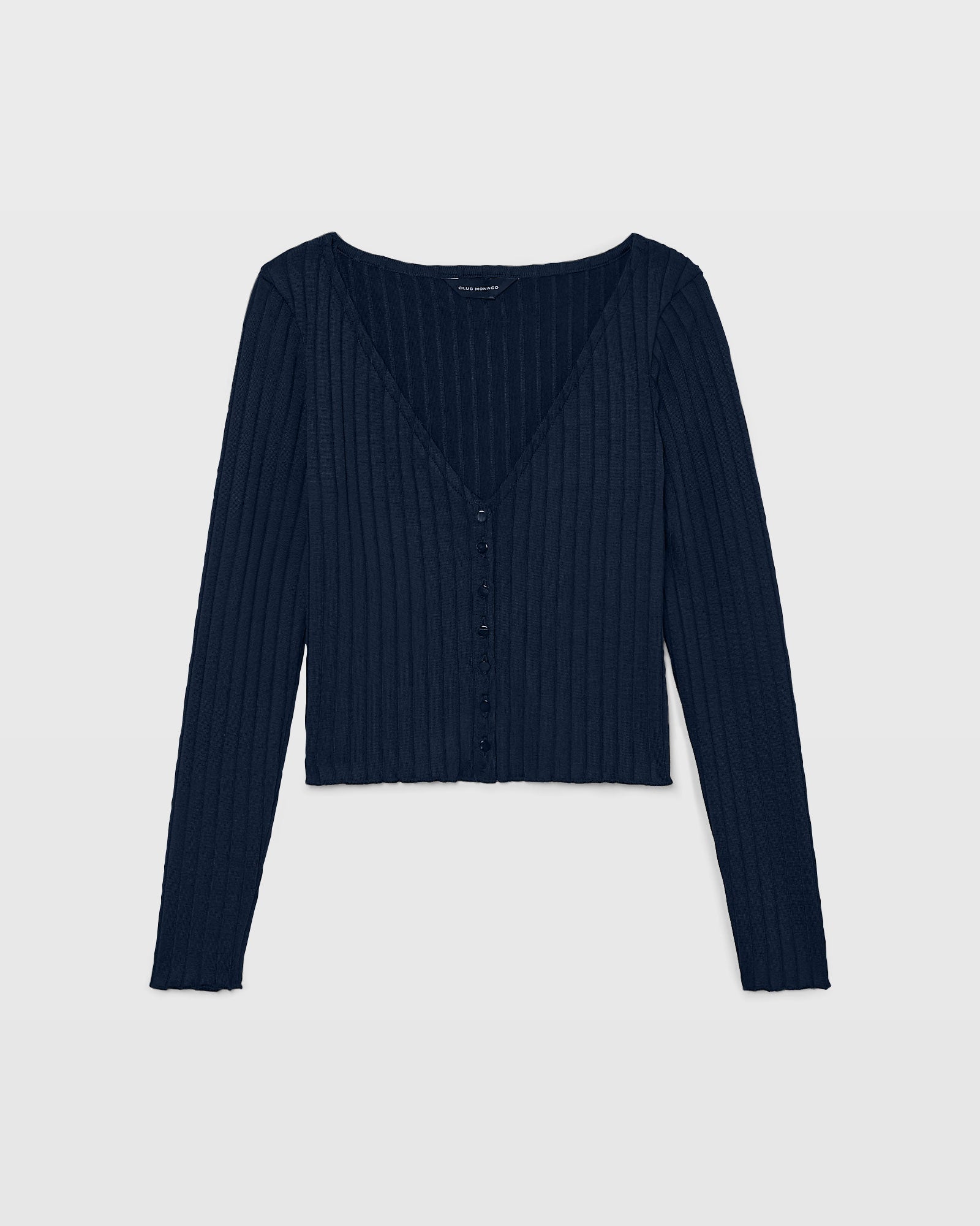 CLUB MONACO - Shiny Wide Rib V-Neck Cardigan - Dark Navy