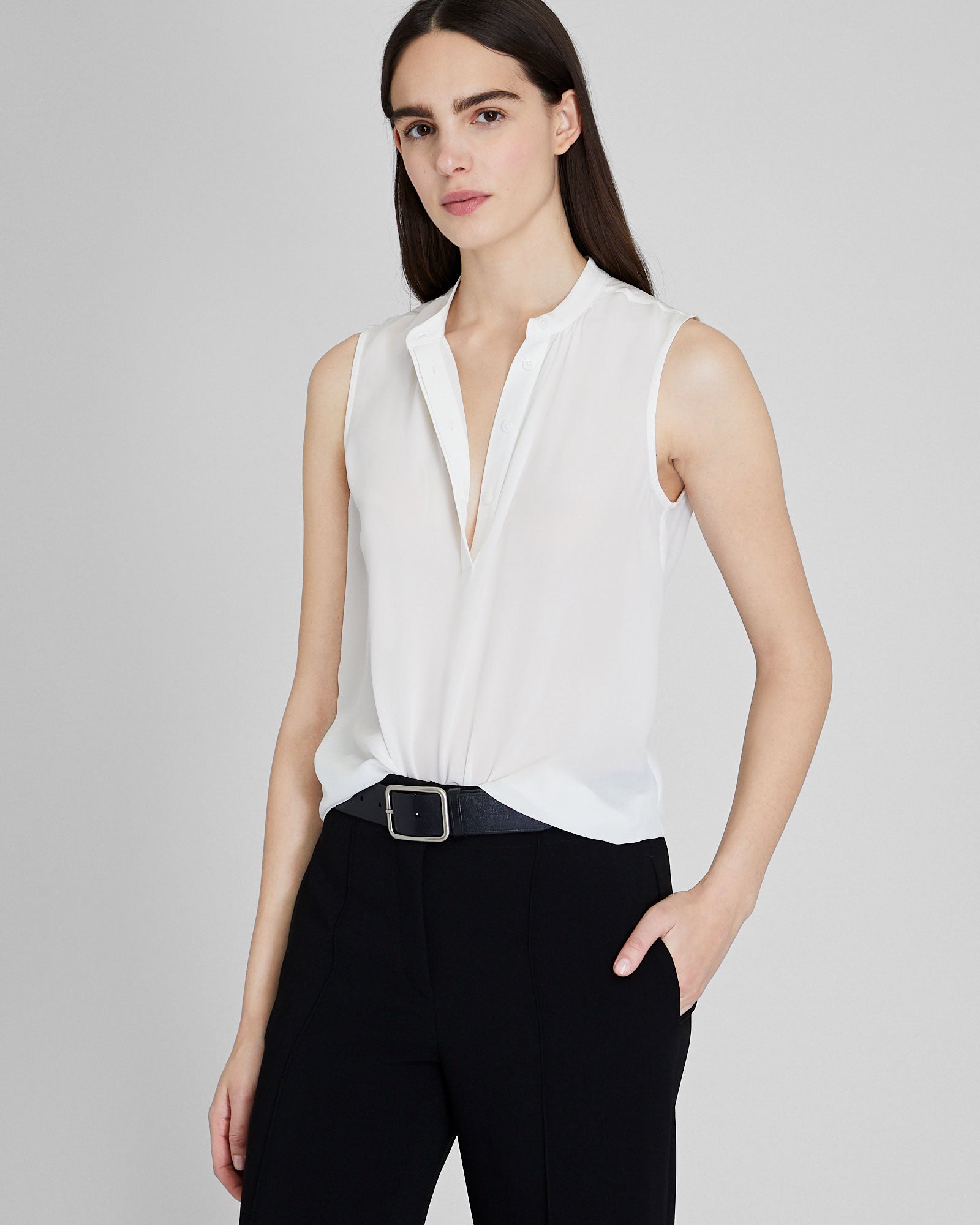 CLUB MONACO - Sleeveless Silk Popover Shirt - White