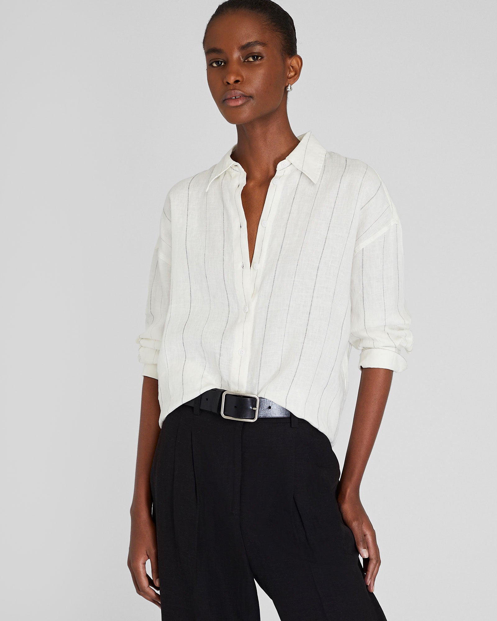 CLUB MONACO - Chemisier boutonné en lin à rayures - Base Blanche Rayée