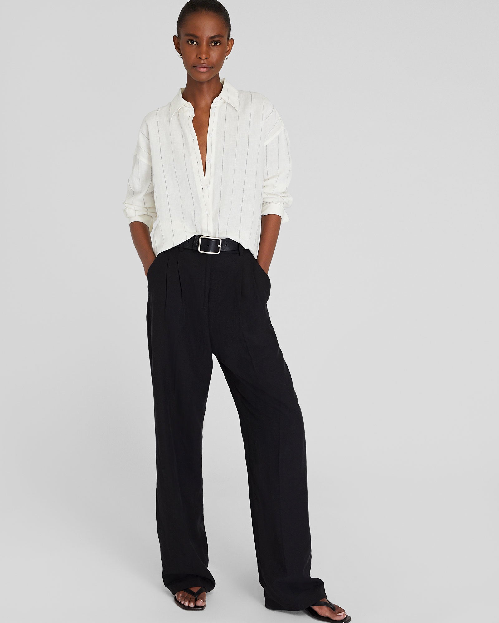 CLUB MONACO - Chemisier boutonné en lin à rayures - Base Blanche Rayée