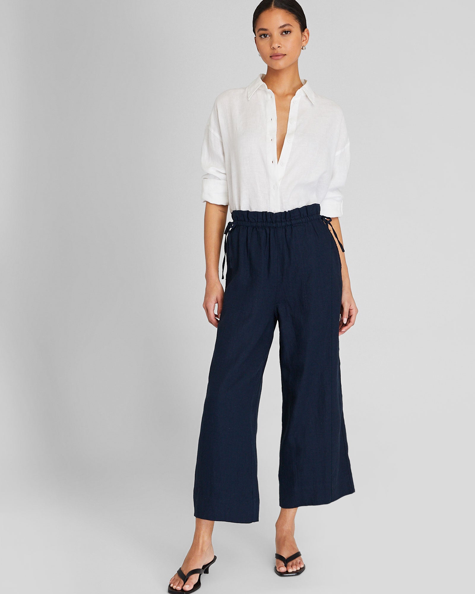 CLUB MONACO - Cropped Linen Side Tie Pant - Navy