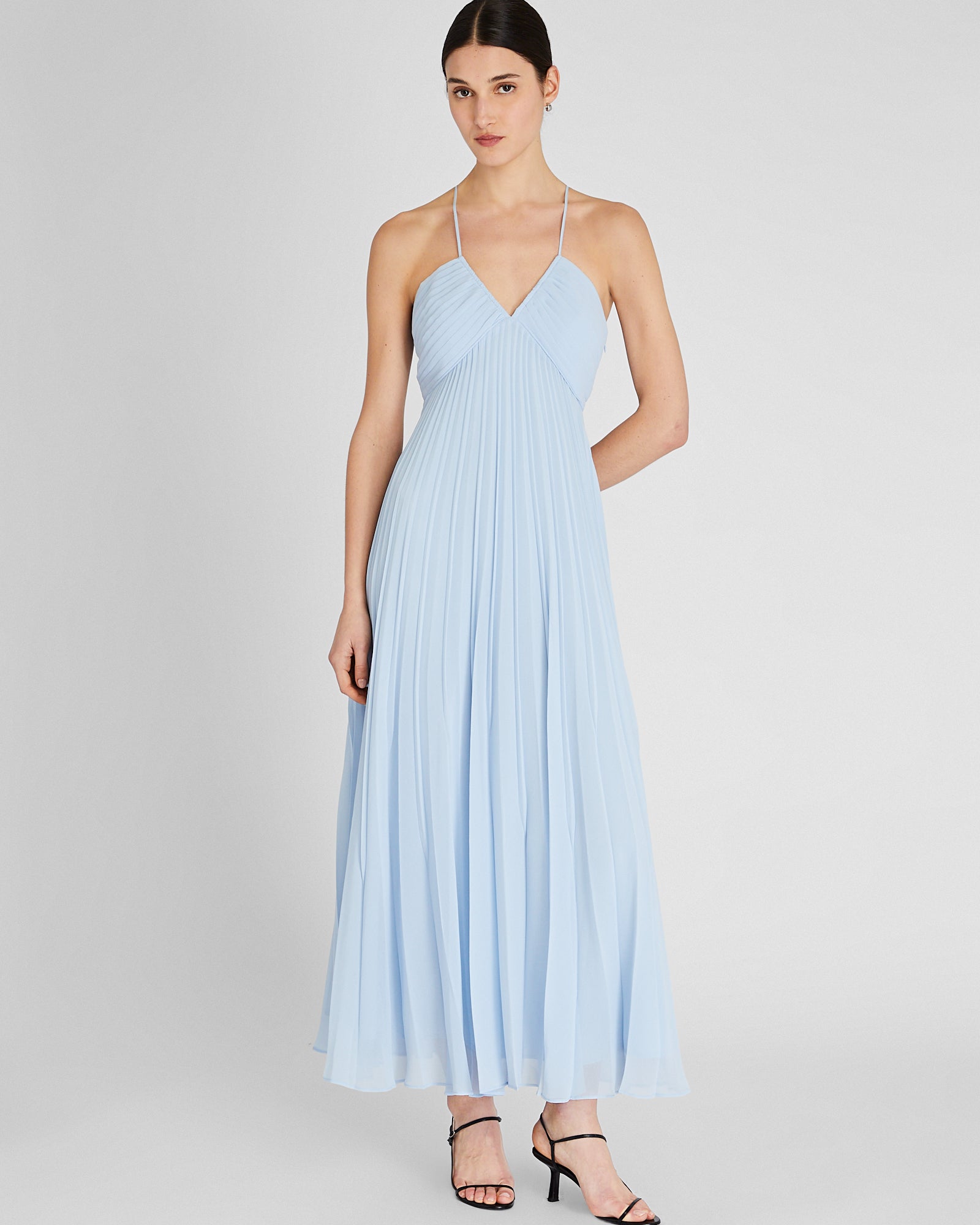 Women's Oxford Blue Pleated Tie Back Maxi Dress | Club Monaco CA