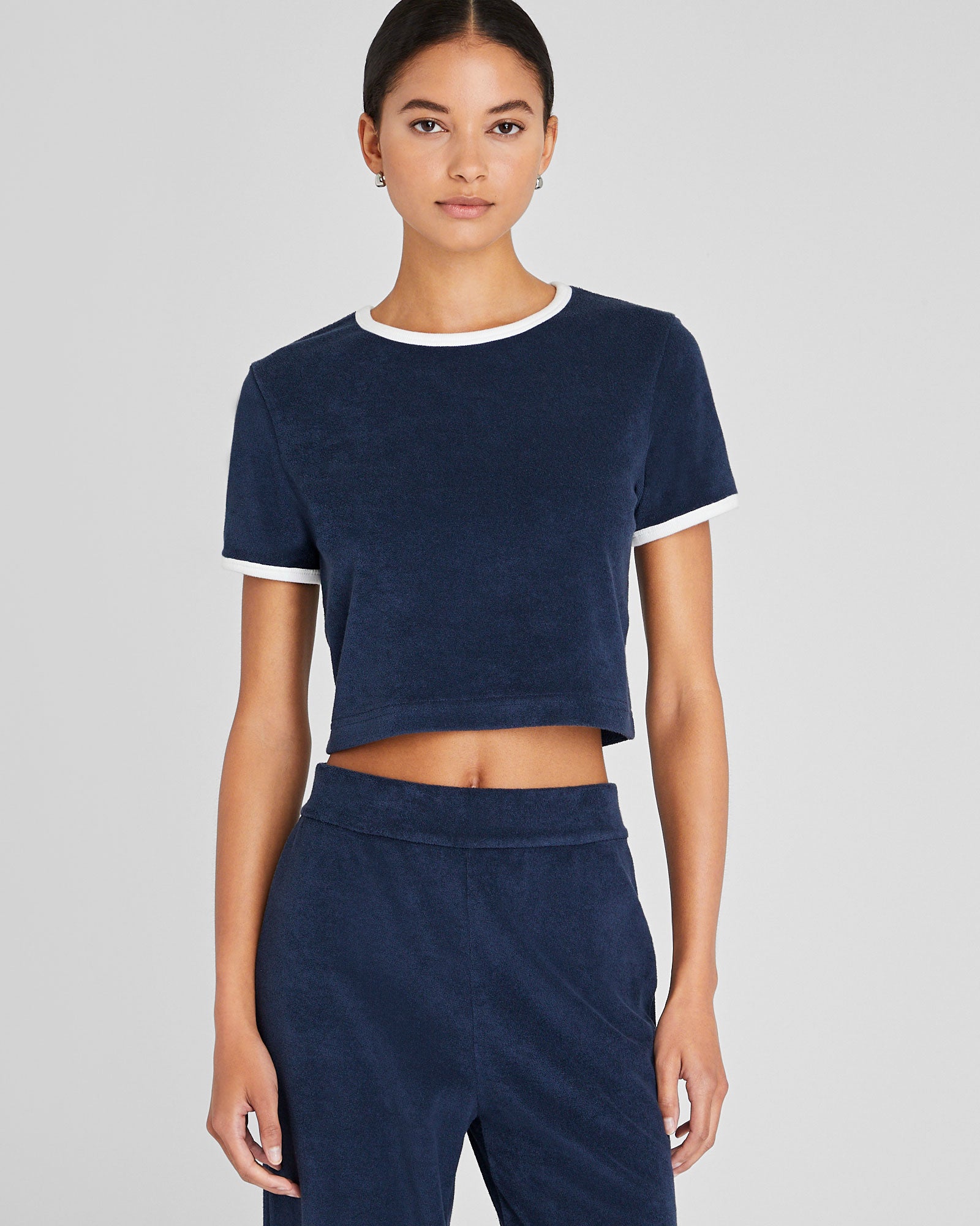 CLUB MONACO - Cropped Terry Tee - Navy White Stripe