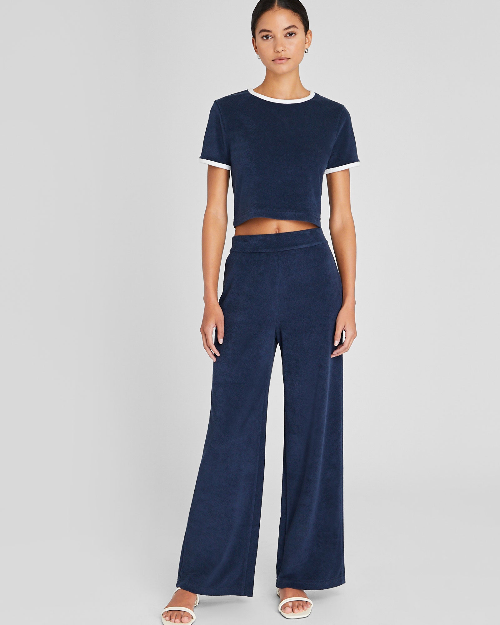 CLUB MONACO - Cropped Terry Tee - Navy White Stripe