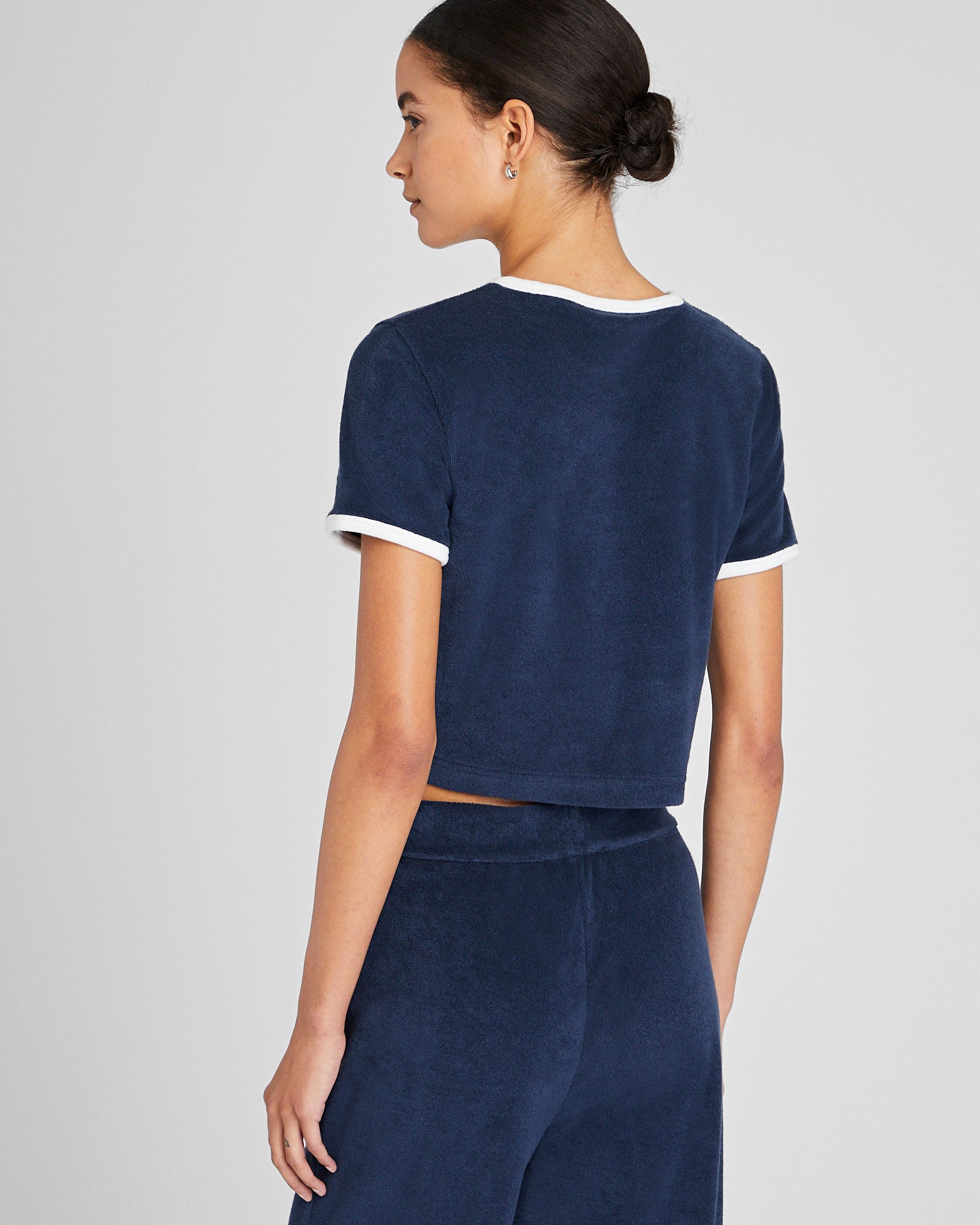 CLUB MONACO - Cropped Terry Tee - Navy White Stripe