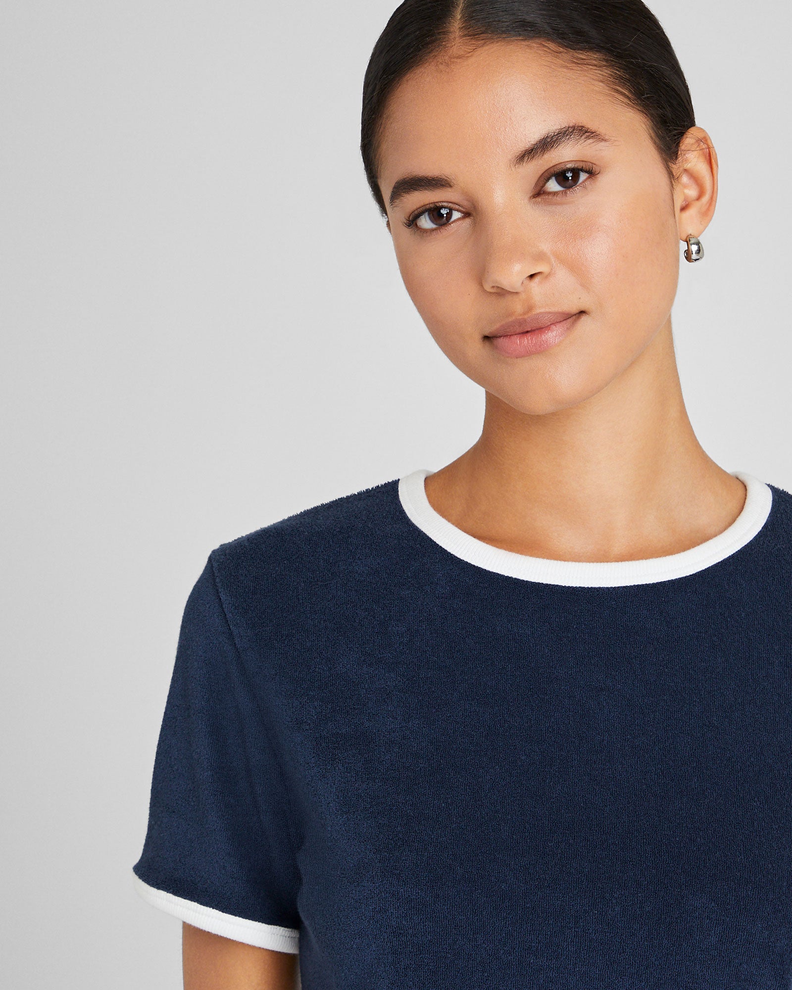 CLUB MONACO - Cropped Terry Tee - Navy White Stripe