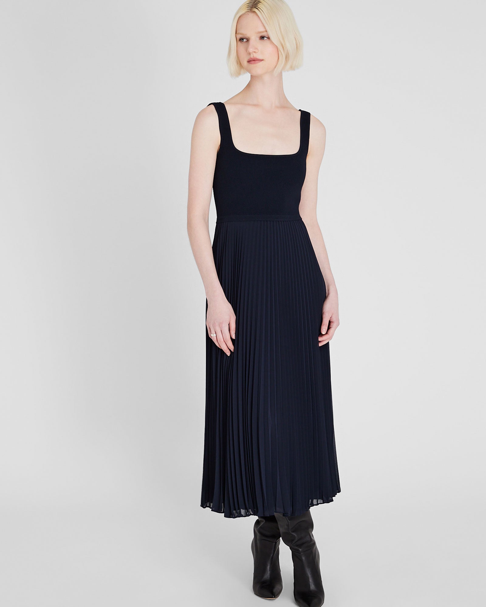CLUB MONACO - Sleeveless Knit Pleated Maxi Dress - Navy