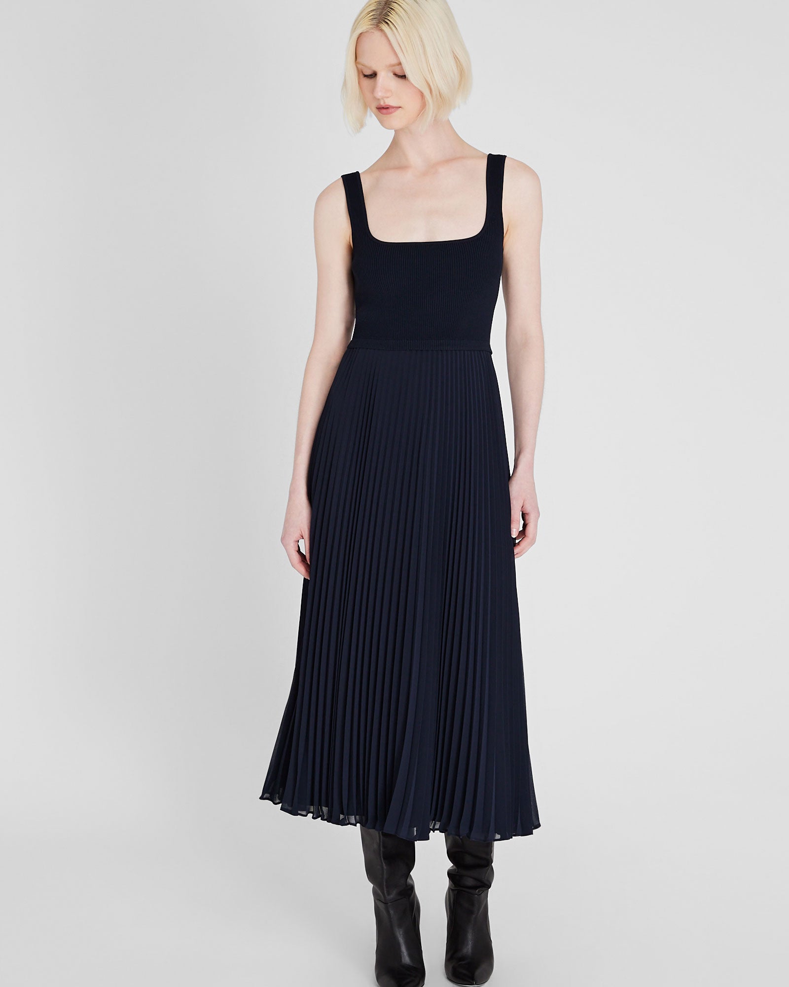 CLUB MONACO - Sleeveless Knit Pleated Maxi Dress - Navy