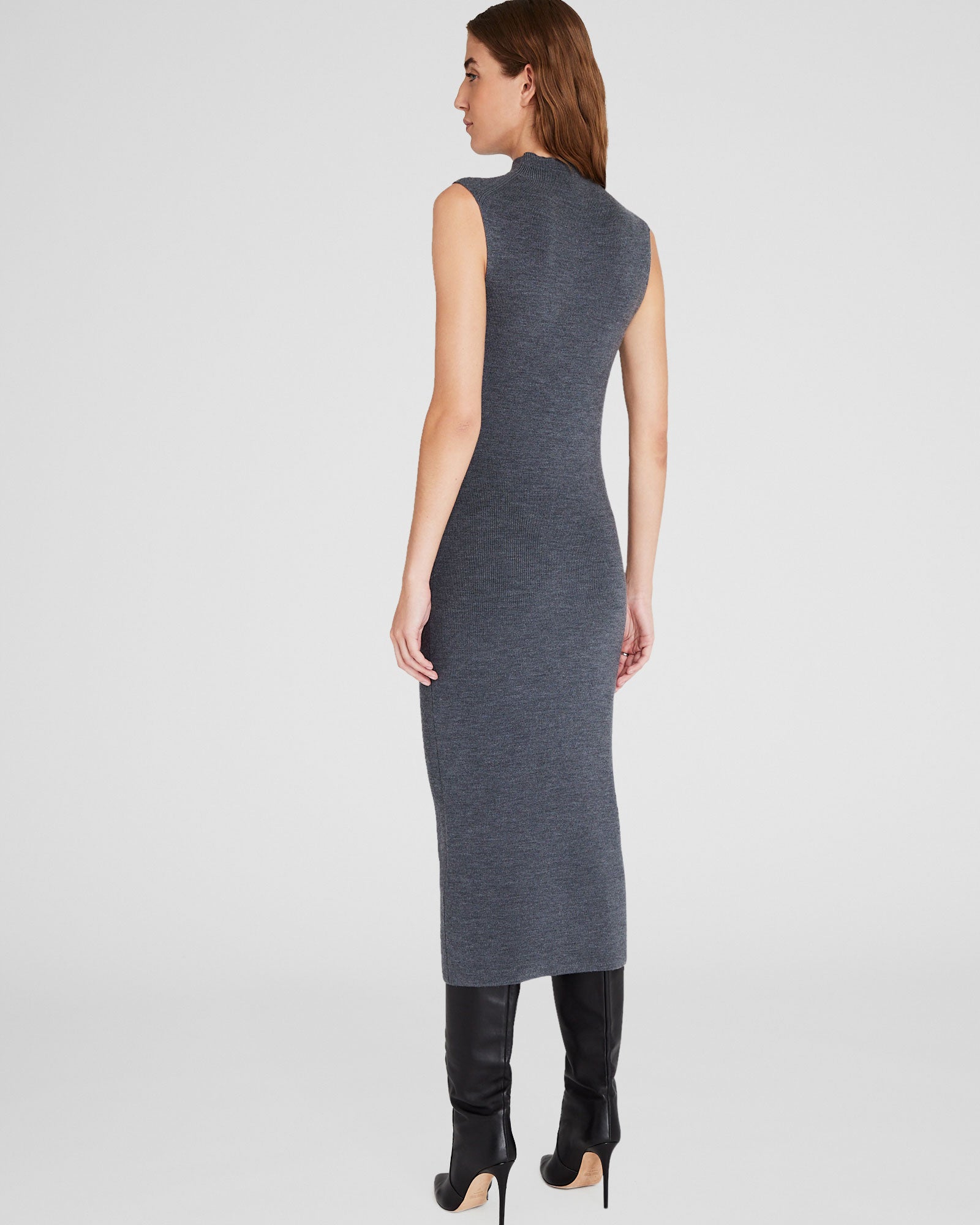 CLUB MONACO - Merino Ribbed Mockneck Dress - Black Heather Grey