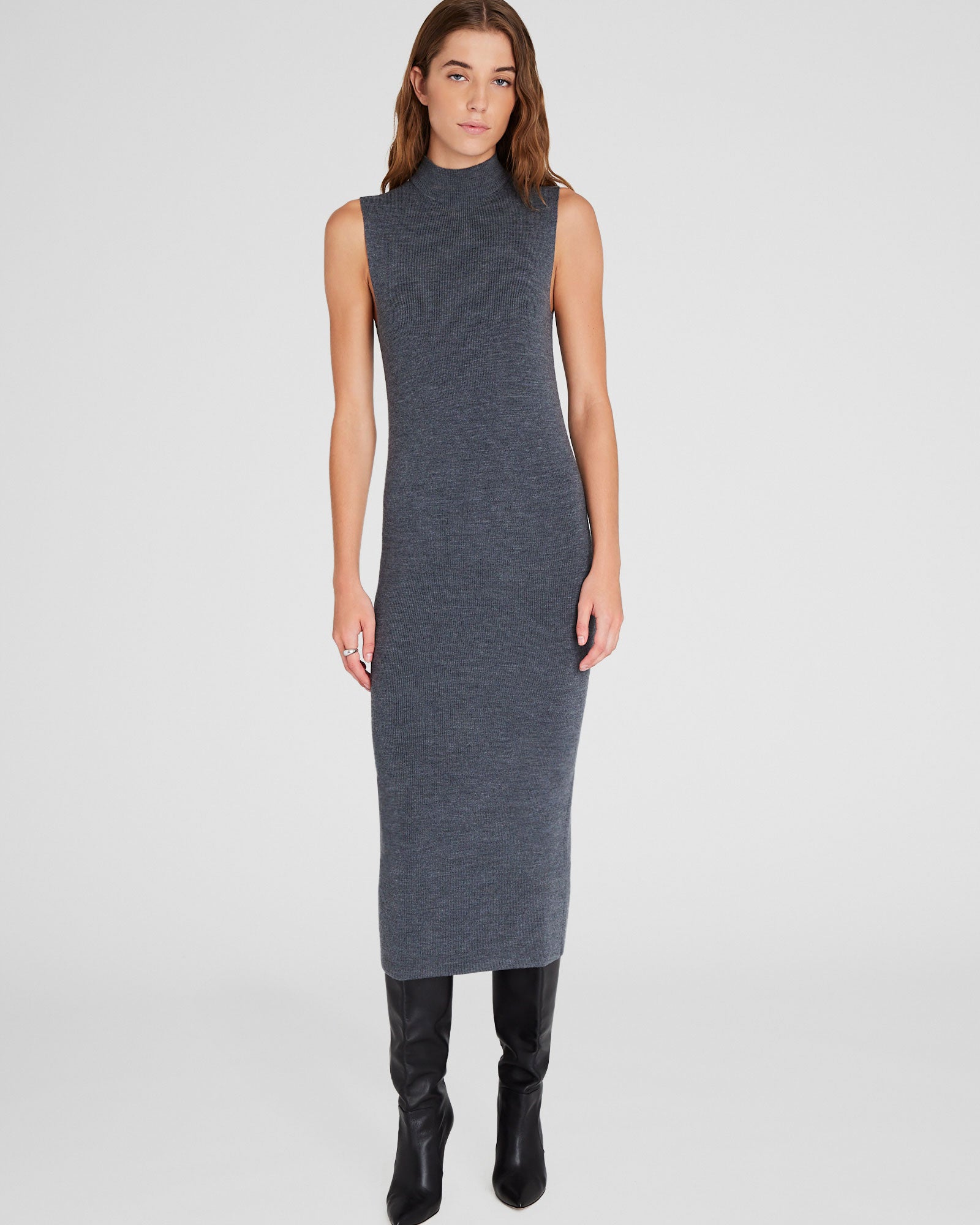 CLUB MONACO - Merino Ribbed Mockneck Dress - Black Heather Grey