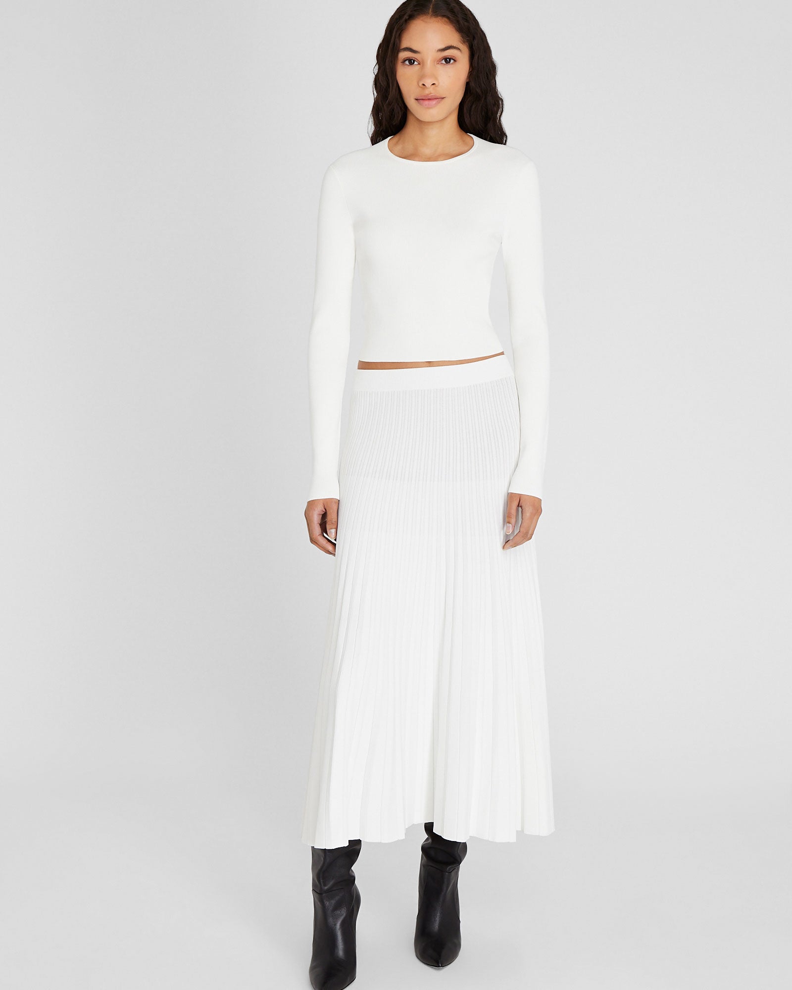 CLUB MONACO - Sunburst Pleat Ribbed Knit Midi Skirt - Soft Pearl