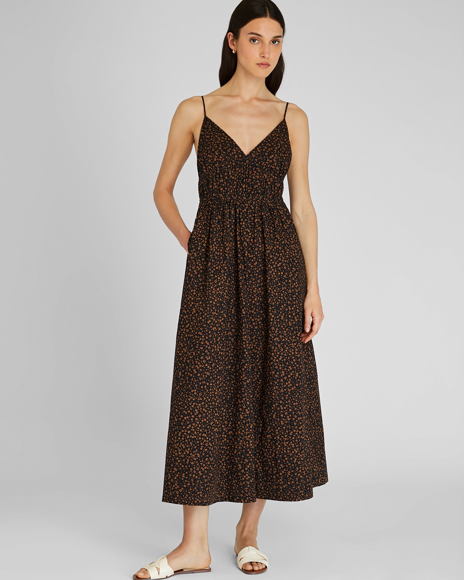 Women's Brown Print Scoop Back Shirred Dress