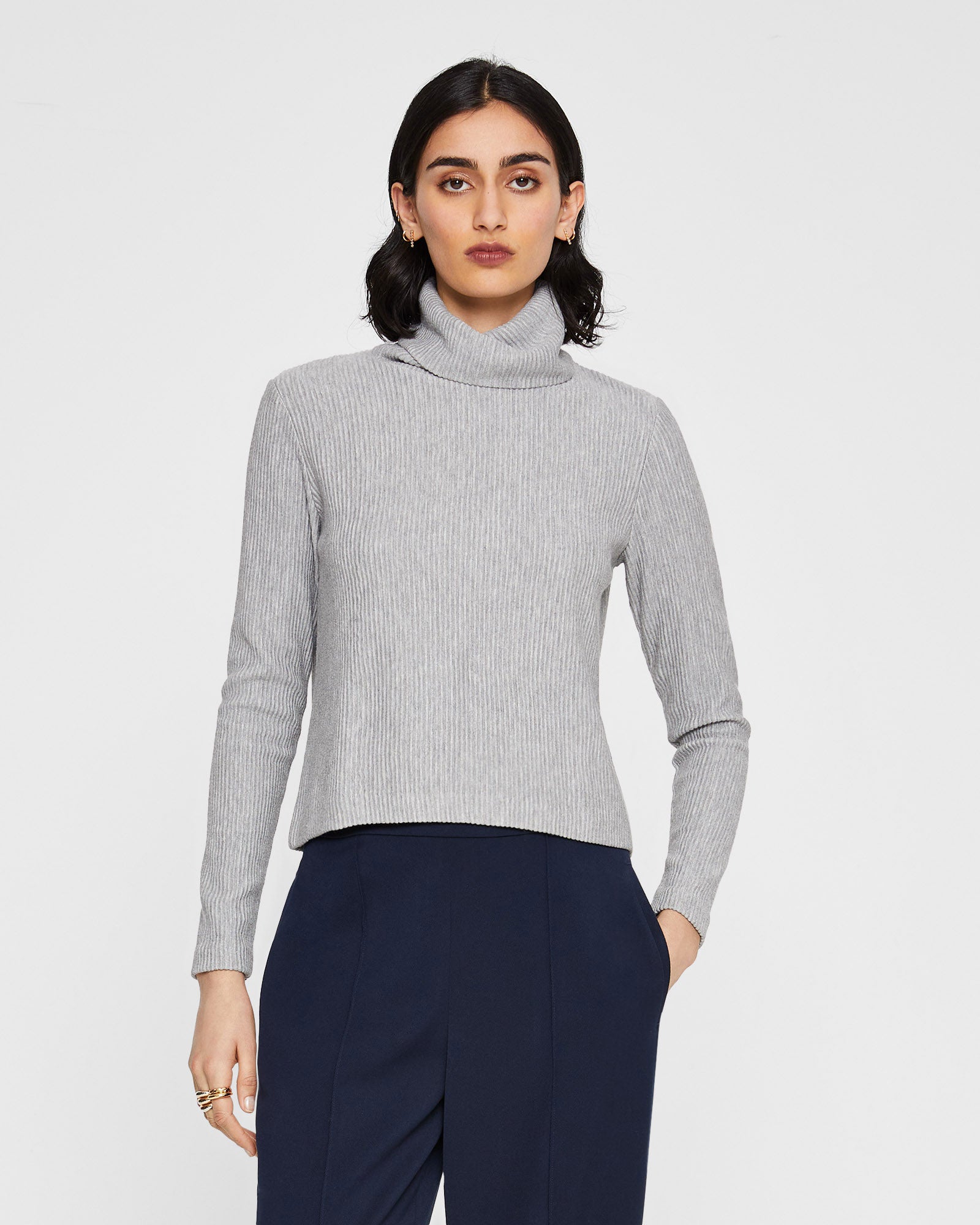 CLUB MONACO - Meredy Rib-Knit Turtleneck Top - Heather Grey