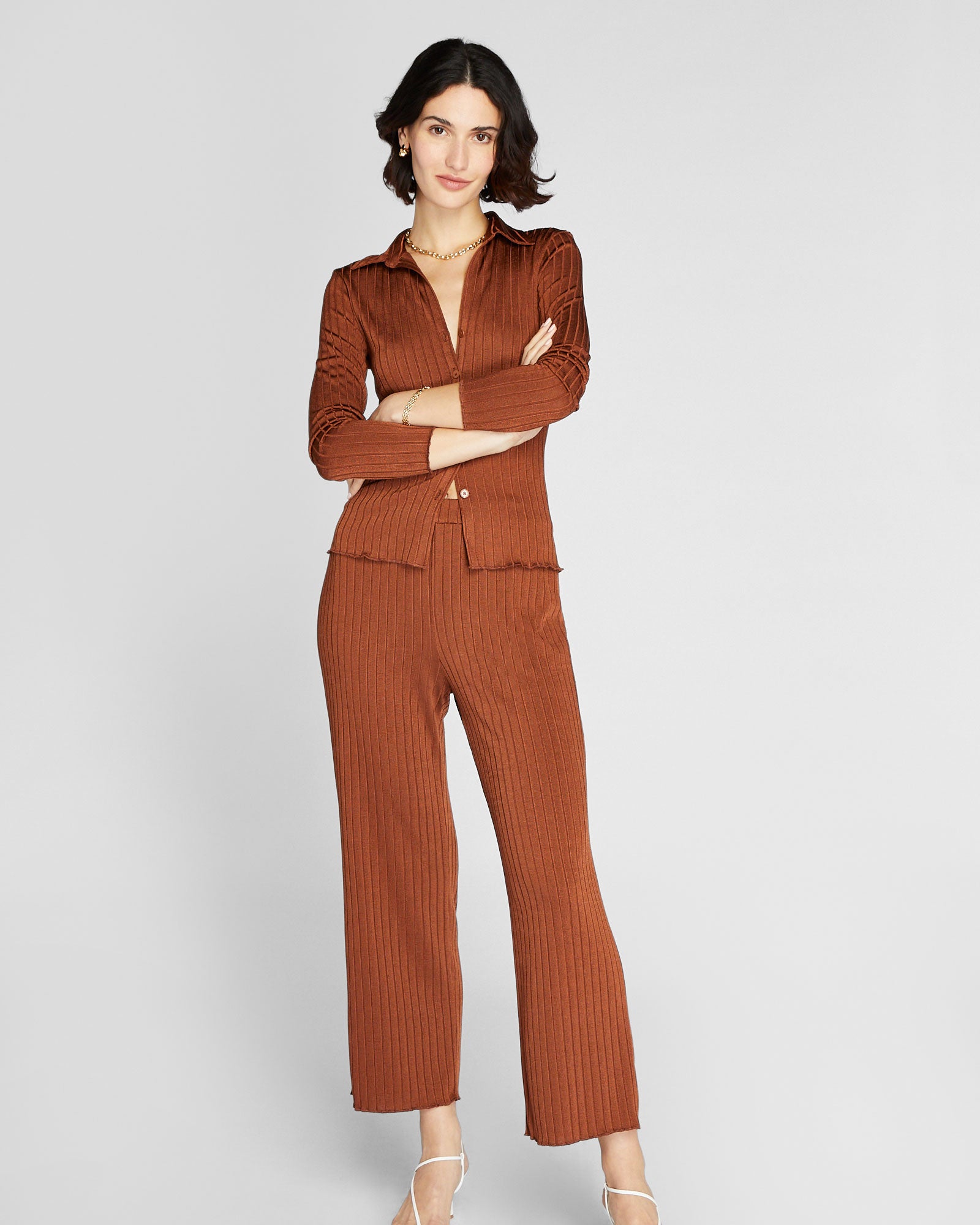 CLUB MONACO - Pantalon à tricot côtelé large - Tortue Ambre