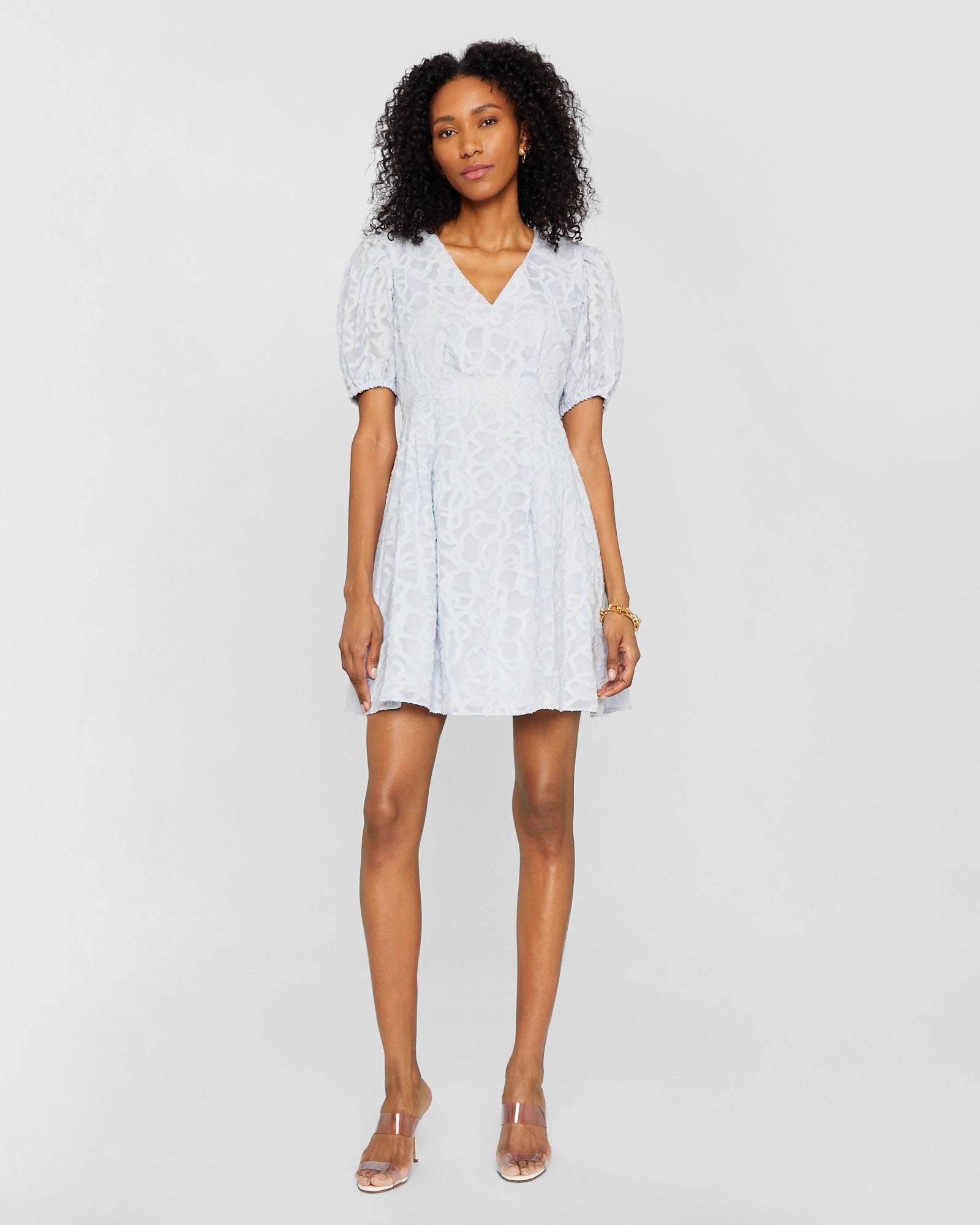 CLUB MONACO - Textured Puff Sleeve V-Neck Dress - Blue