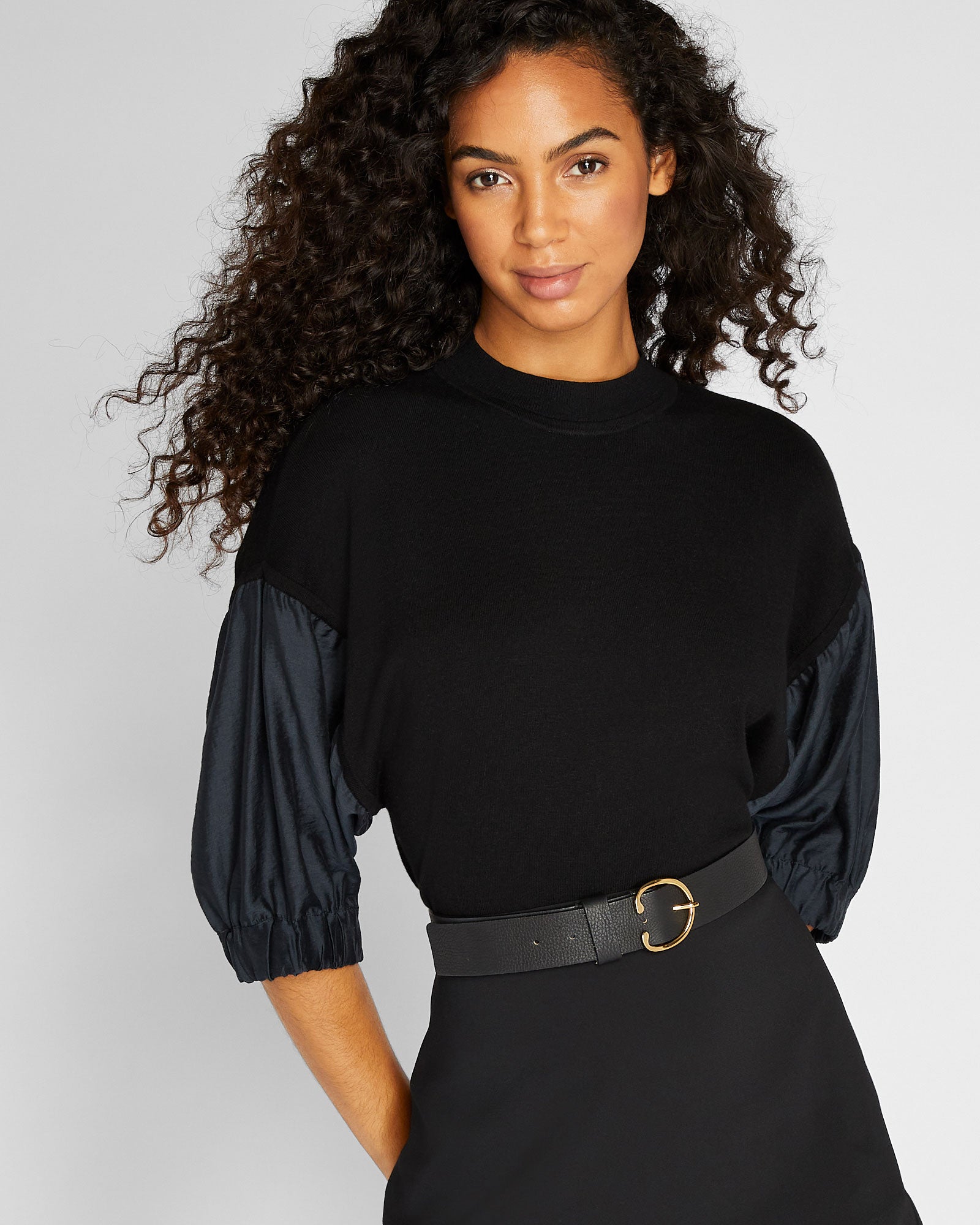 CLUB MONACO - Woven Sleeve Crewneck Sweater - Black