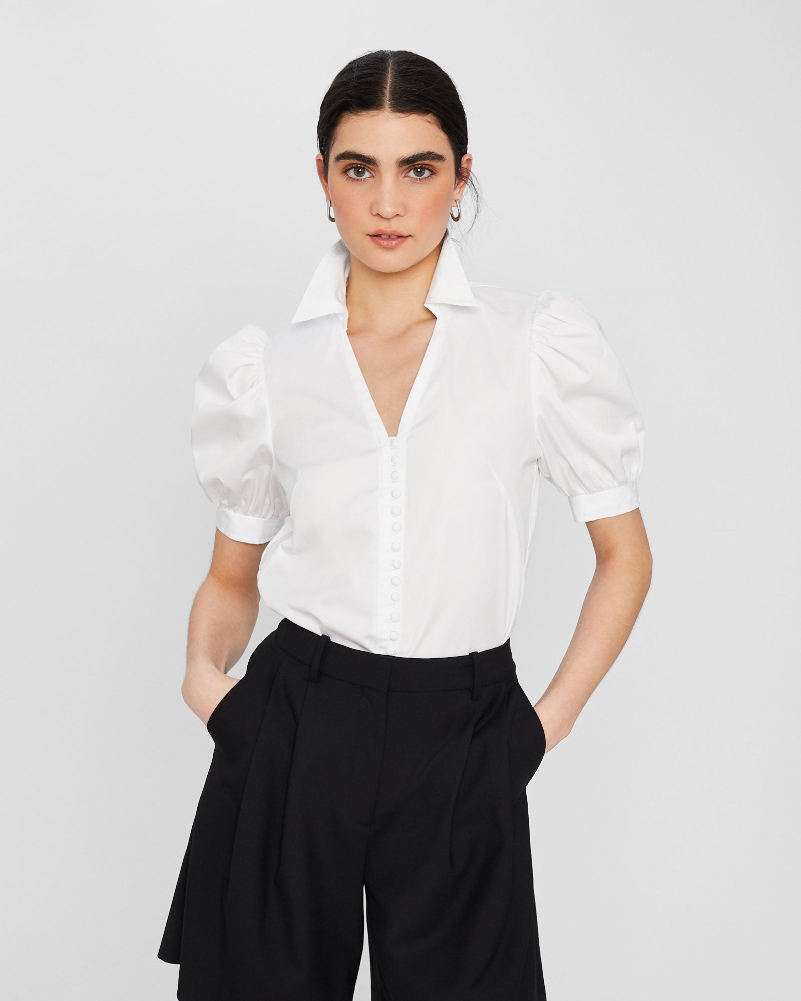 CLUB MONACO - Button Front Puff Sleeve Shirt - White