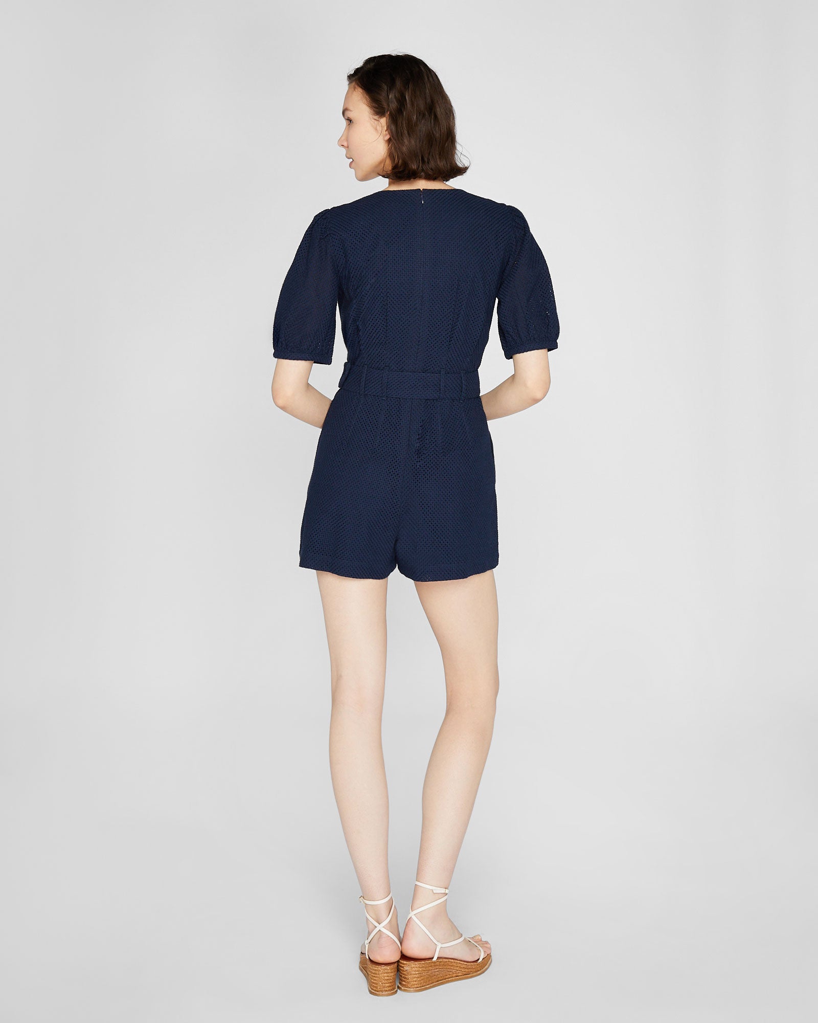 CLUB MONACO - Belted Puff Sleeve Eyelet Romper - Navy