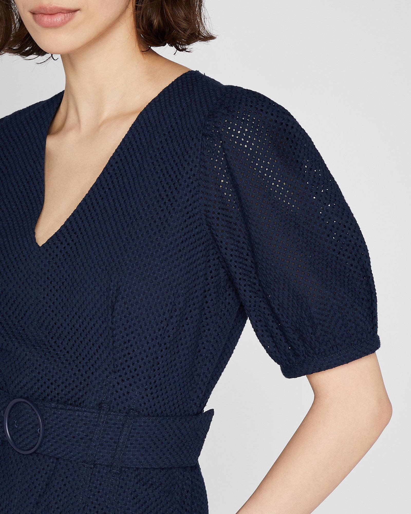 CLUB MONACO - Belted Puff Sleeve Eyelet Romper - Navy