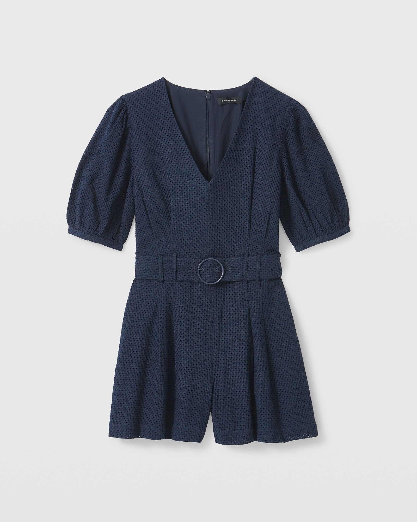 CLUB MONACO - Belted Puff Sleeve Eyelet Romper - Navy