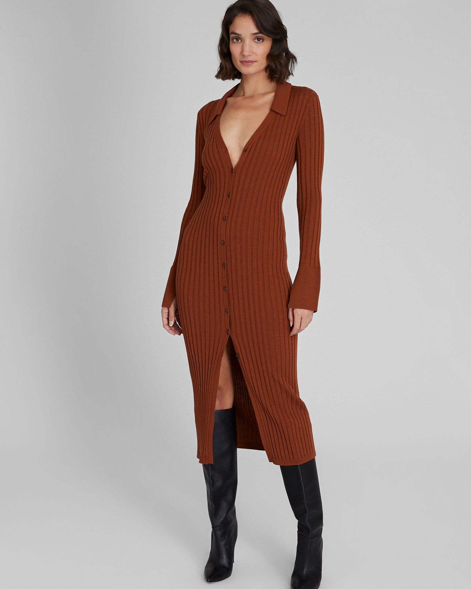 CLUB MONACO - Robe côtelée à col - Tortue Ambre