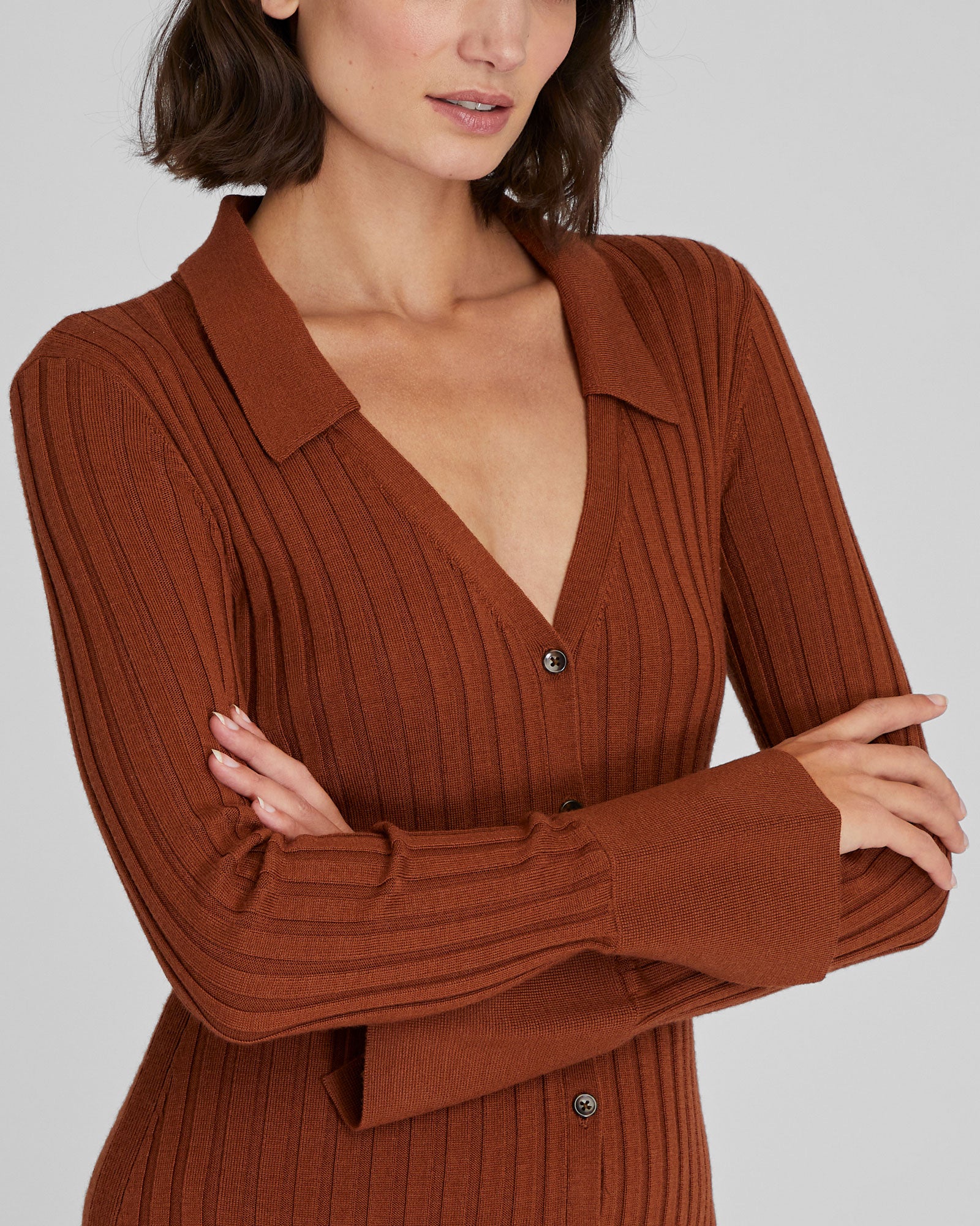 CLUB MONACO - Robe côtelée à col - Tortue Ambre