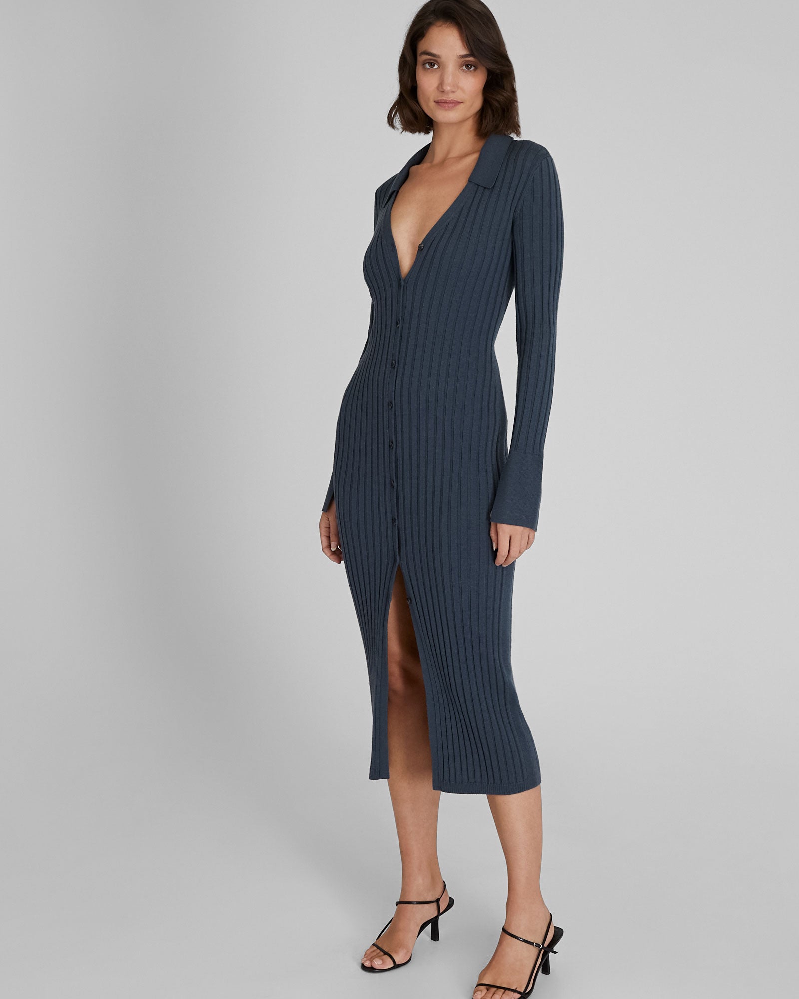 CLUB MONACO - Ribbed Collared Cardigan Dress - Ebony