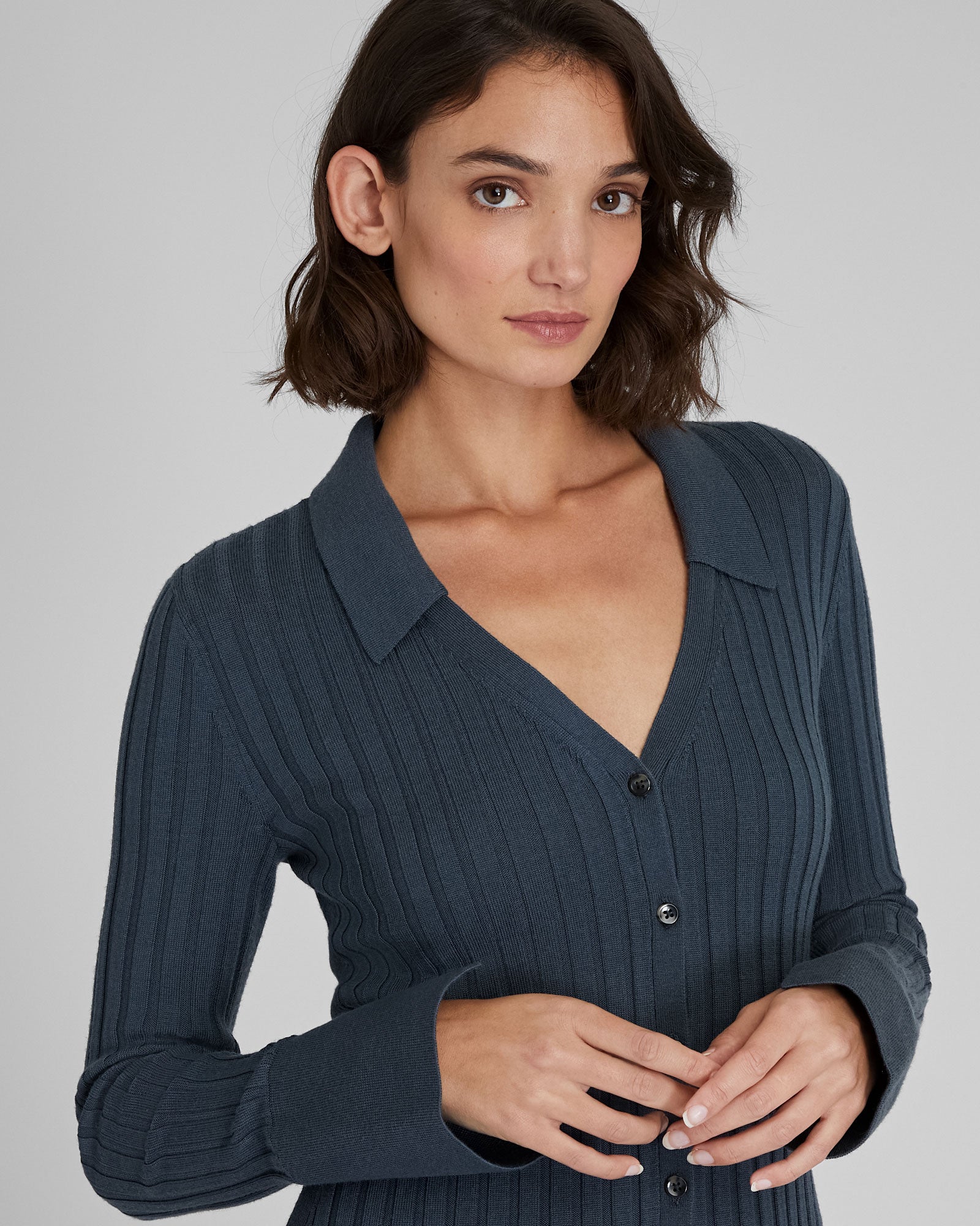 CLUB MONACO - Ribbed Collared Cardigan Dress - Ebony