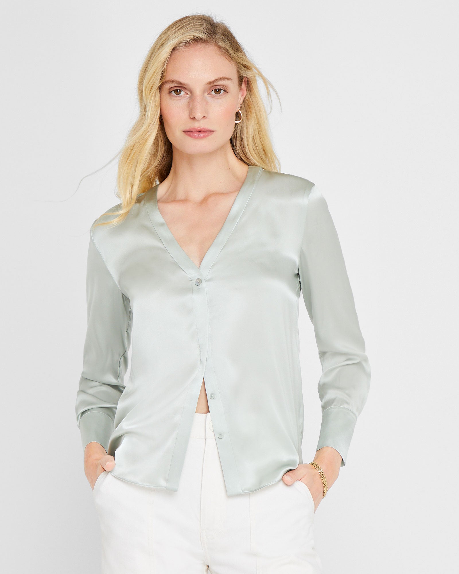 CLUB MONACO - Silk Charmeuse V-Neck Blouse - Dark Green