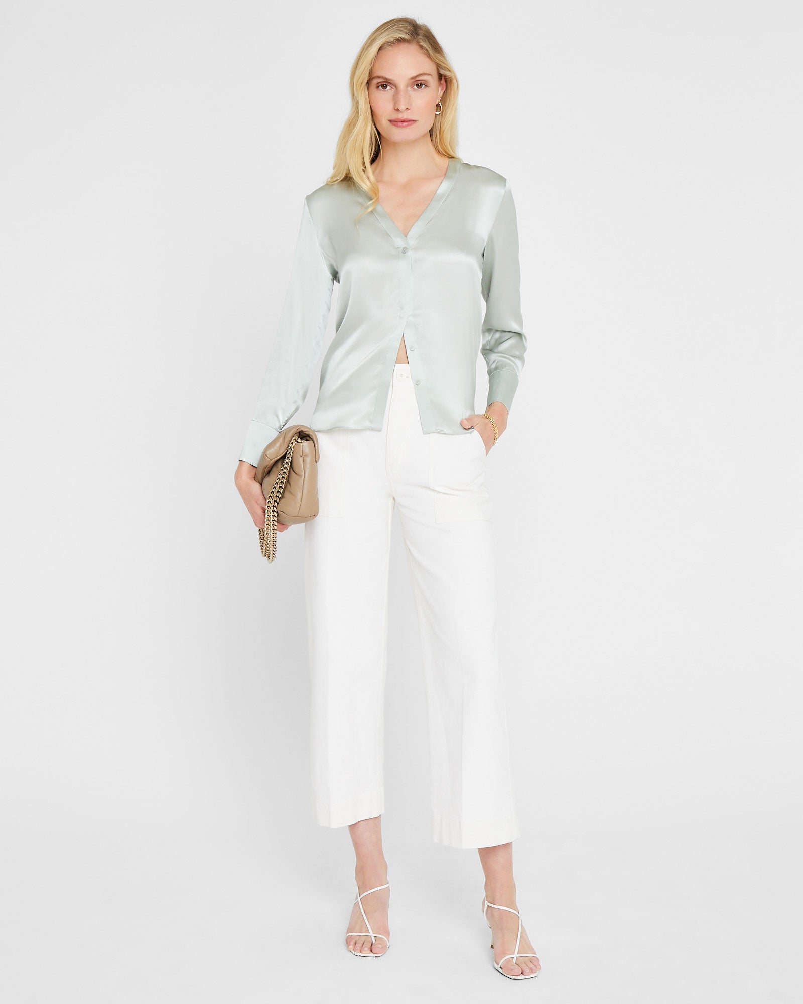 CLUB MONACO - Silk Charmeuse V-Neck Blouse - Dark Green