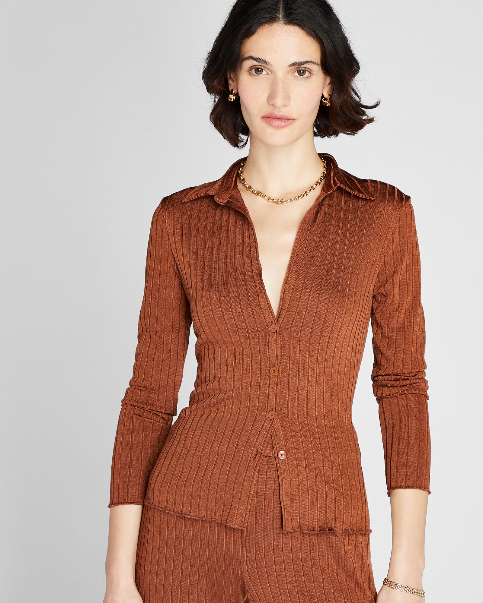 CLUB MONACO - Long-Sleeve Ribbed Cardi - Tortoise Amber
