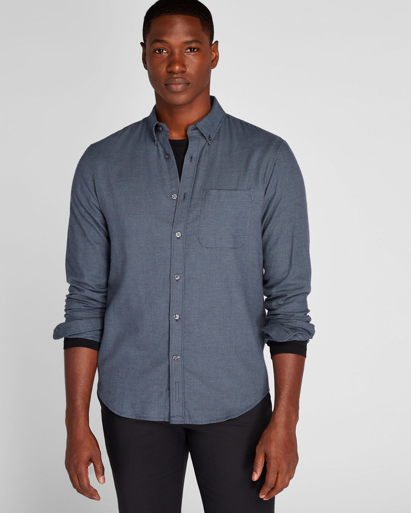 CLUB MONACO - Houndstooth Lightweight Flannel Shirt - Navy