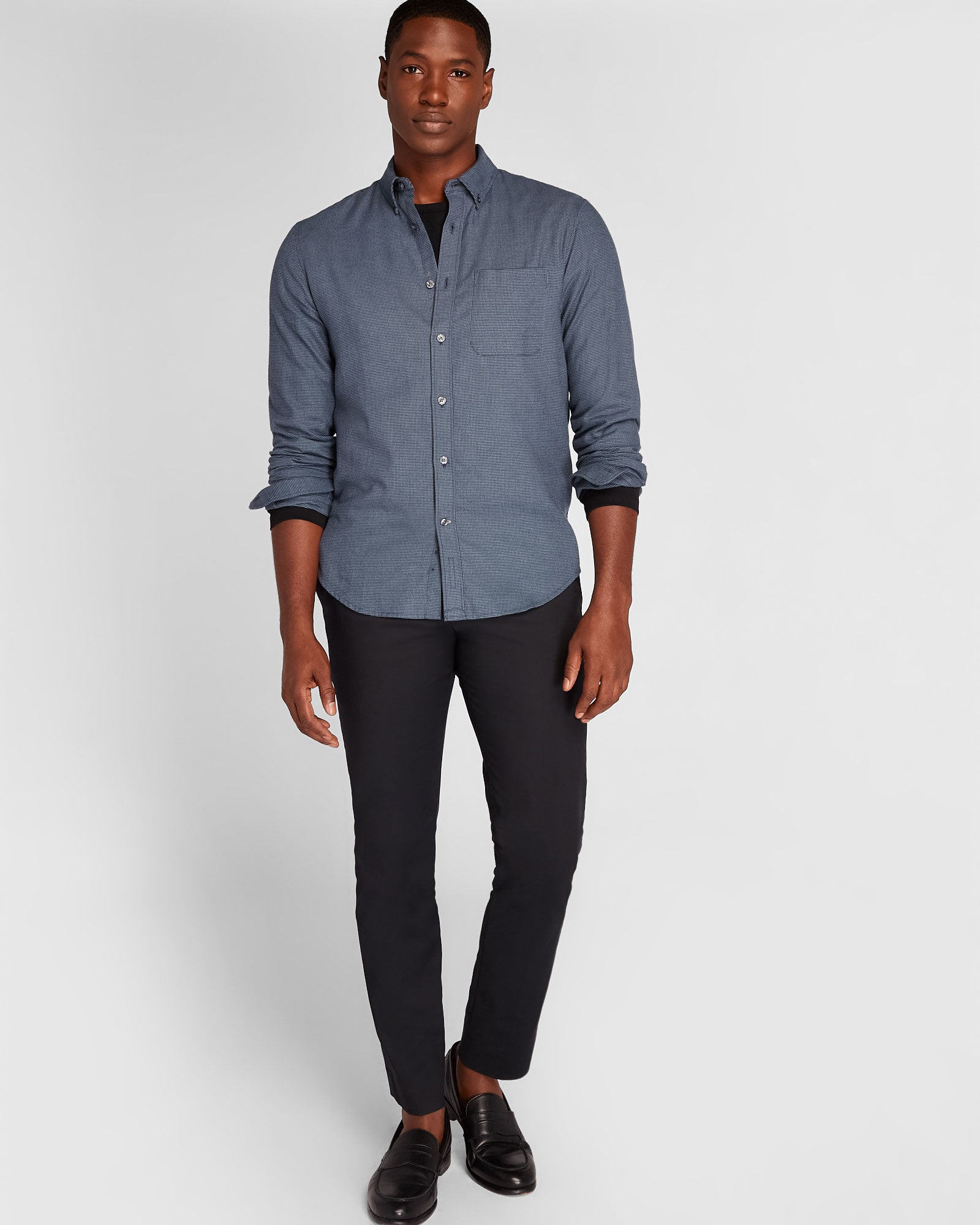 CLUB MONACO - Houndstooth Lightweight Flannel Shirt - Navy