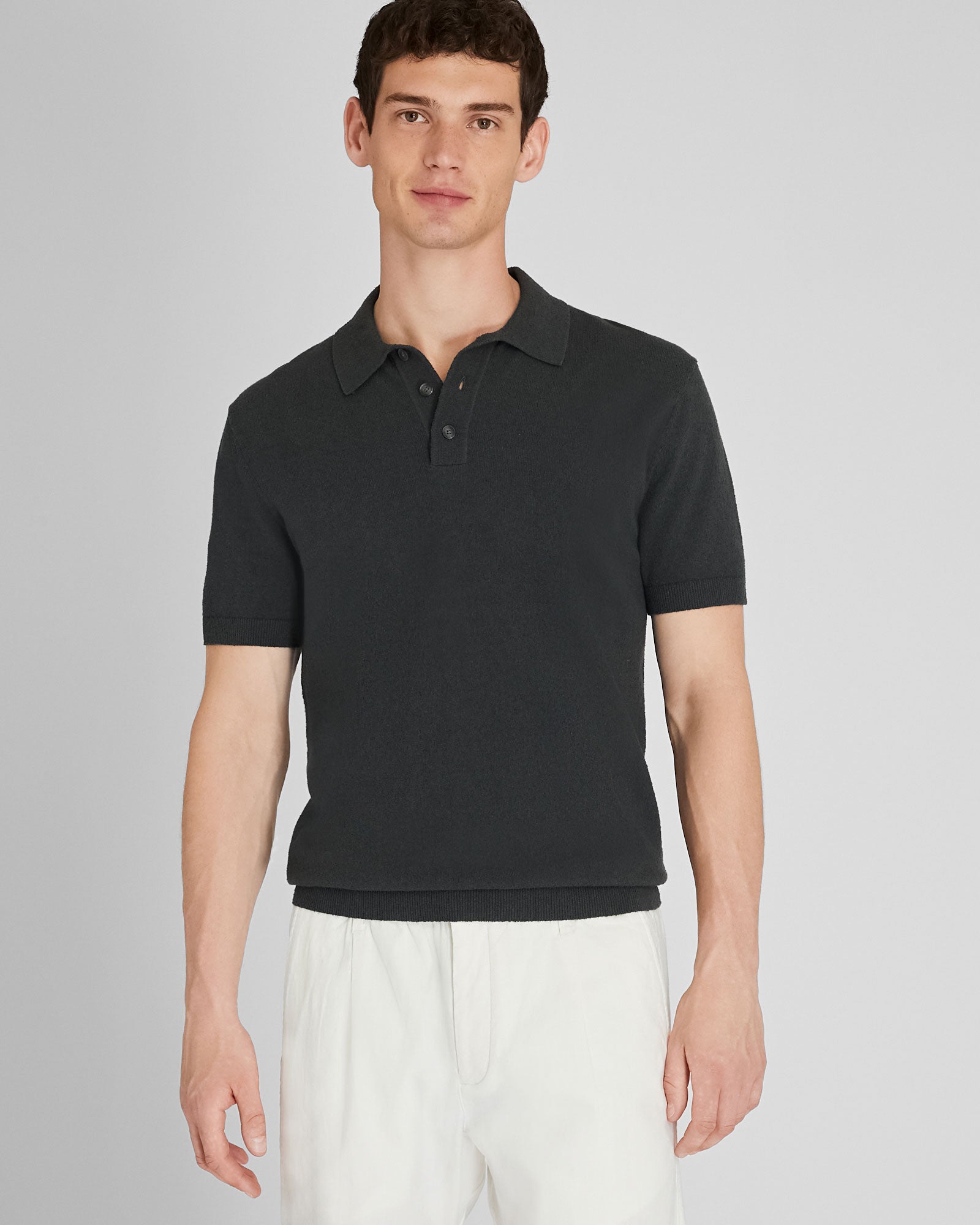 CLUB MONACO - Short Sleeve Bouclé Polo - Dark Charcoal