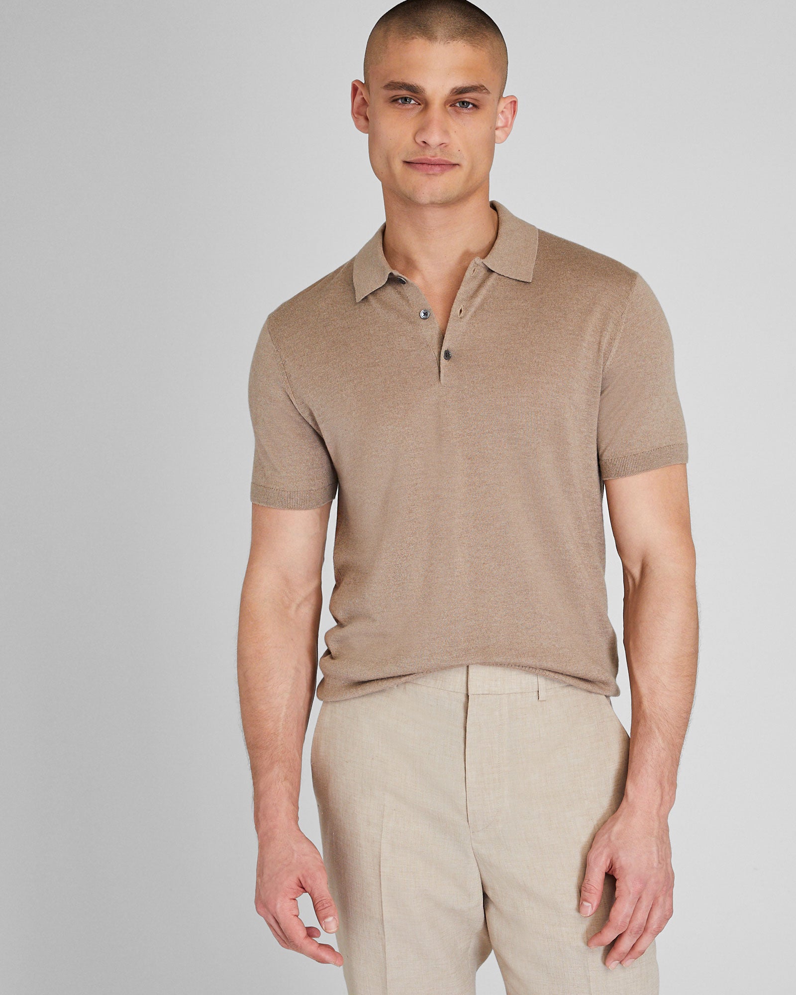 CLUB MONACO - Polo soie/cachemire manche courte - Brun