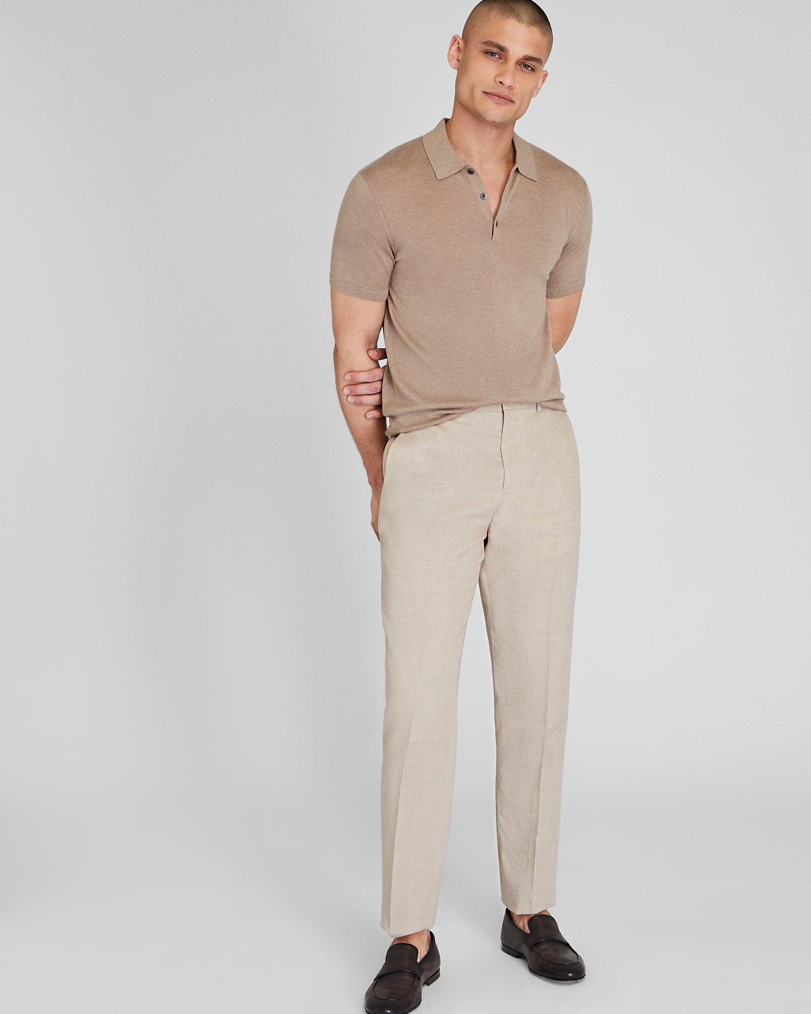 CLUB MONACO - Polo soie/cachemire manche courte - Brun
