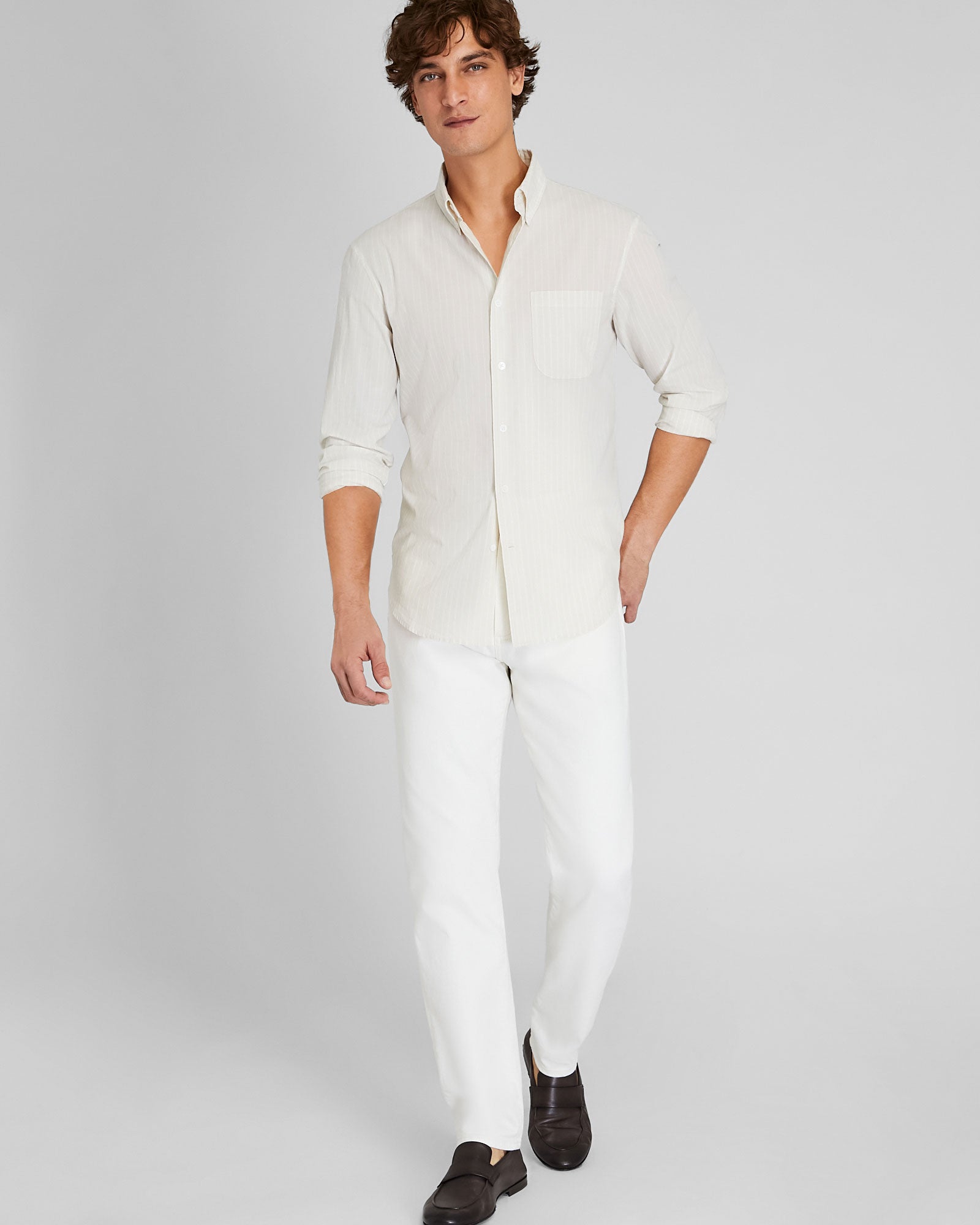 CLUB MONACO - Chemise en popeline rayée légère - Beige clair