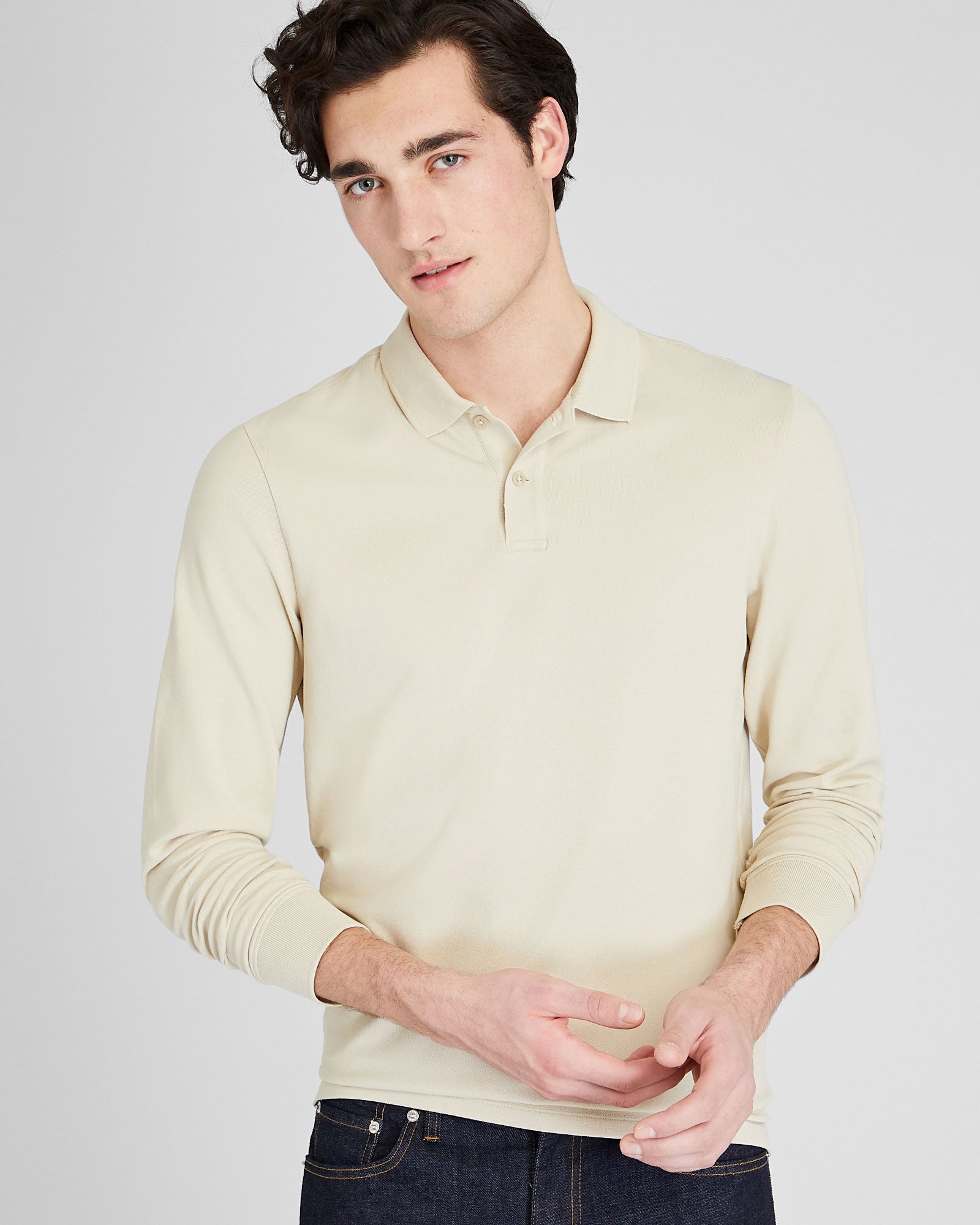 CLUB MONACO - Long Sleeve Clean Piqué Polo - Khaki