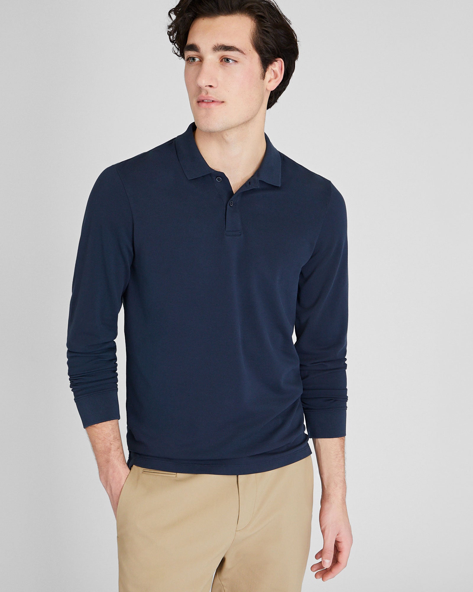 CLUB MONACO - Long Sleeve Clean Piqué Polo - Navy