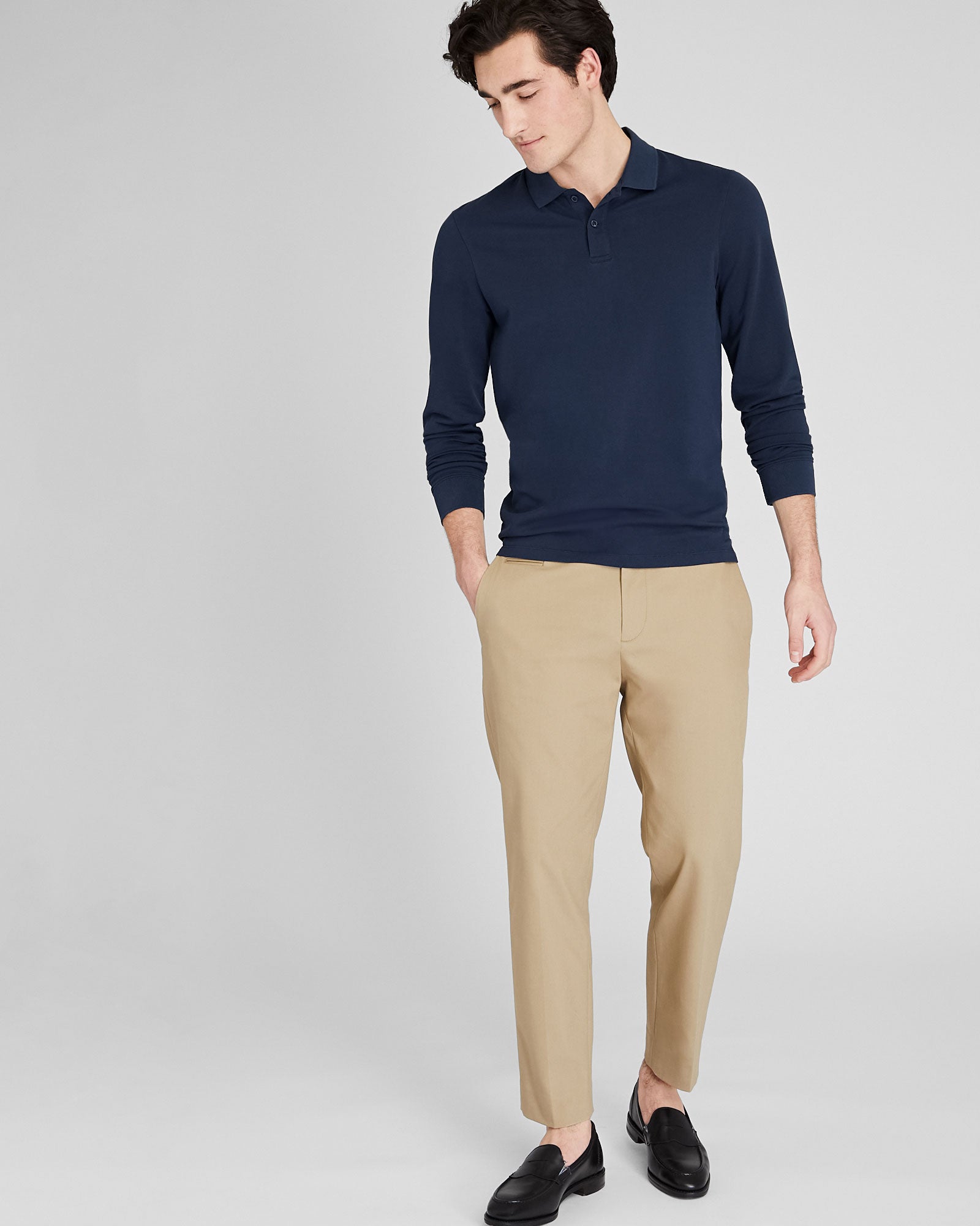 CLUB MONACO - Long Sleeve Clean Piqué Polo - Navy
