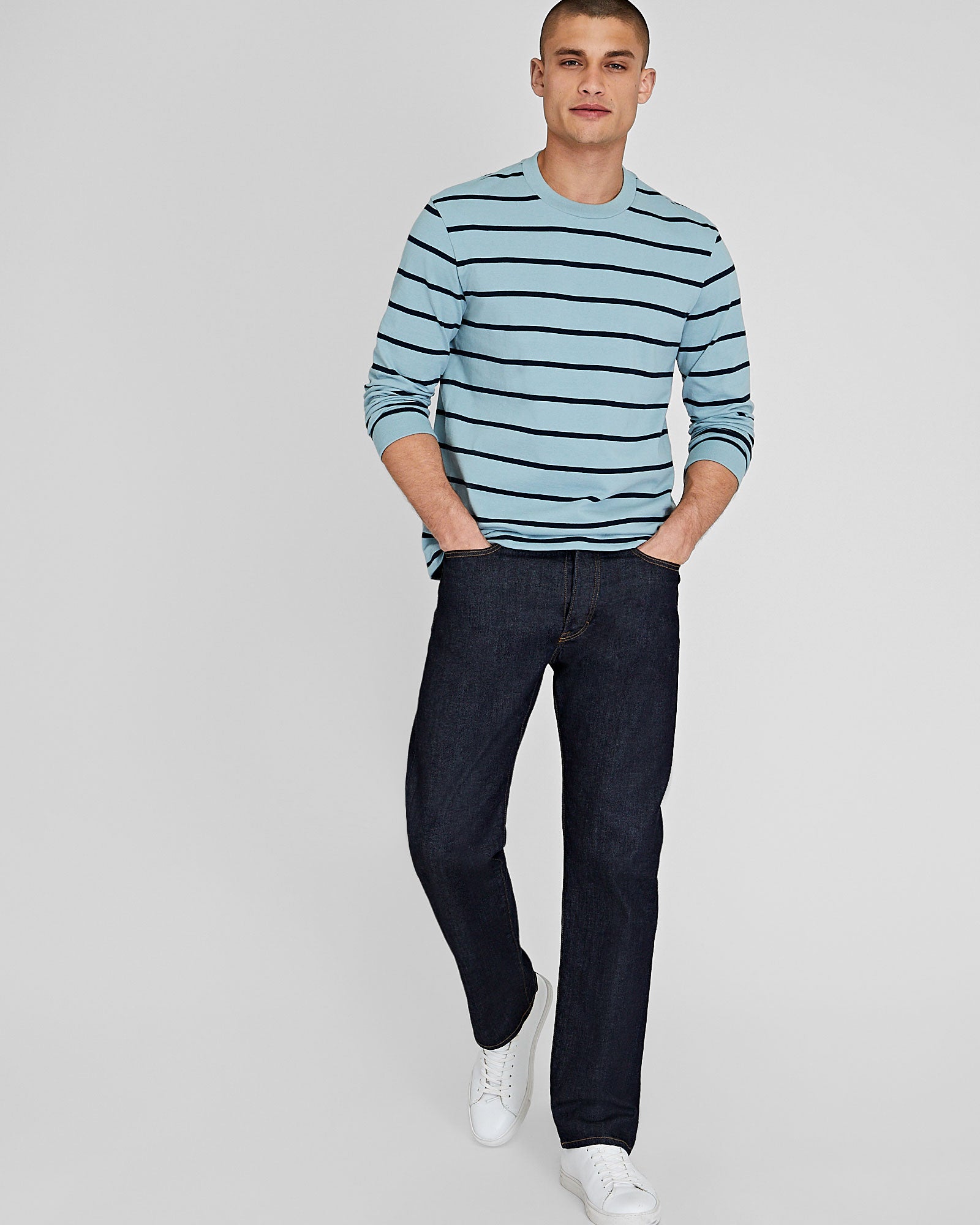 CLUB MONACO - Stripe Long Sleeve Relaxed Tee - Blue Stripe
