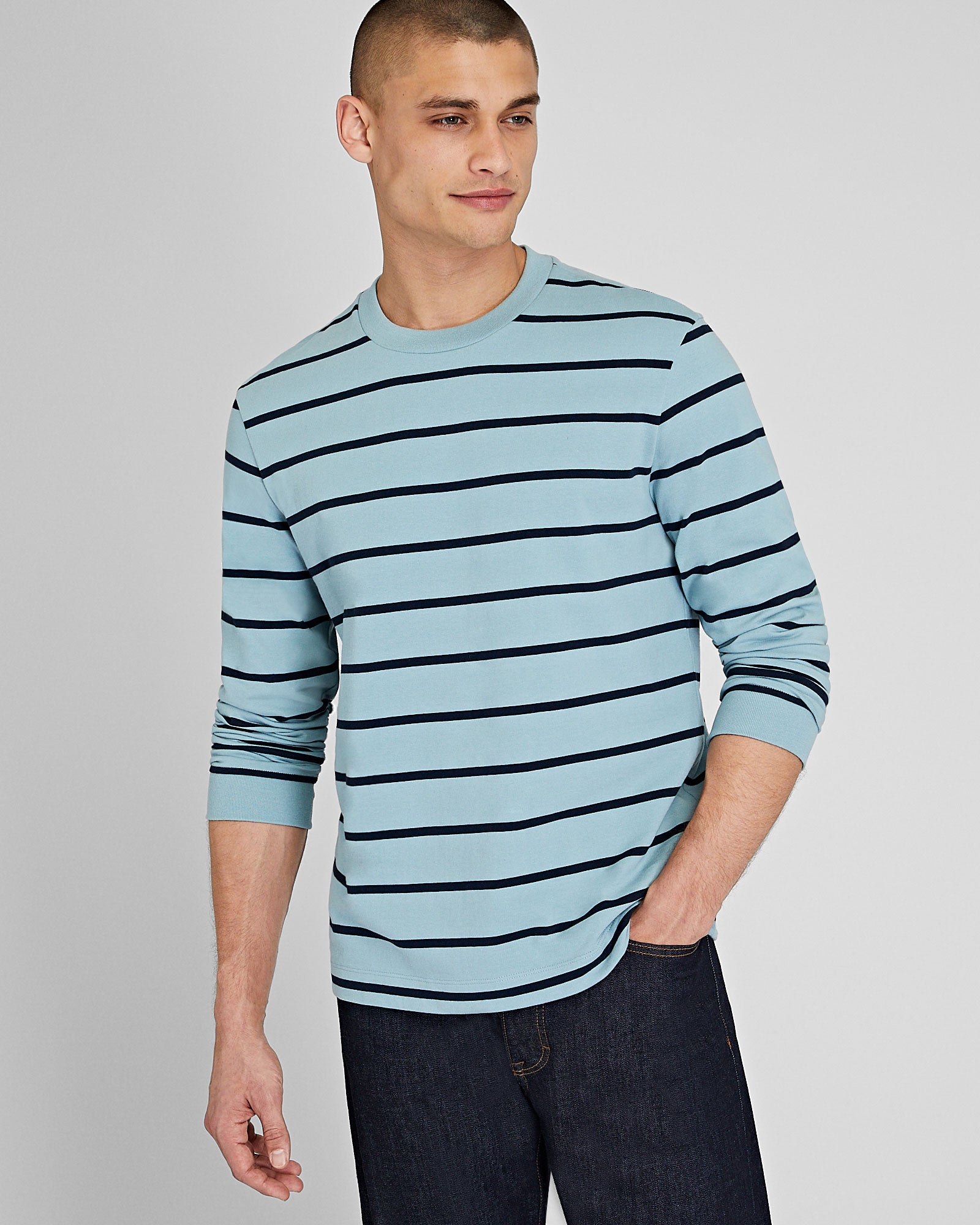 CLUB MONACO - Stripe Long Sleeve Relaxed Tee - Blue Stripe