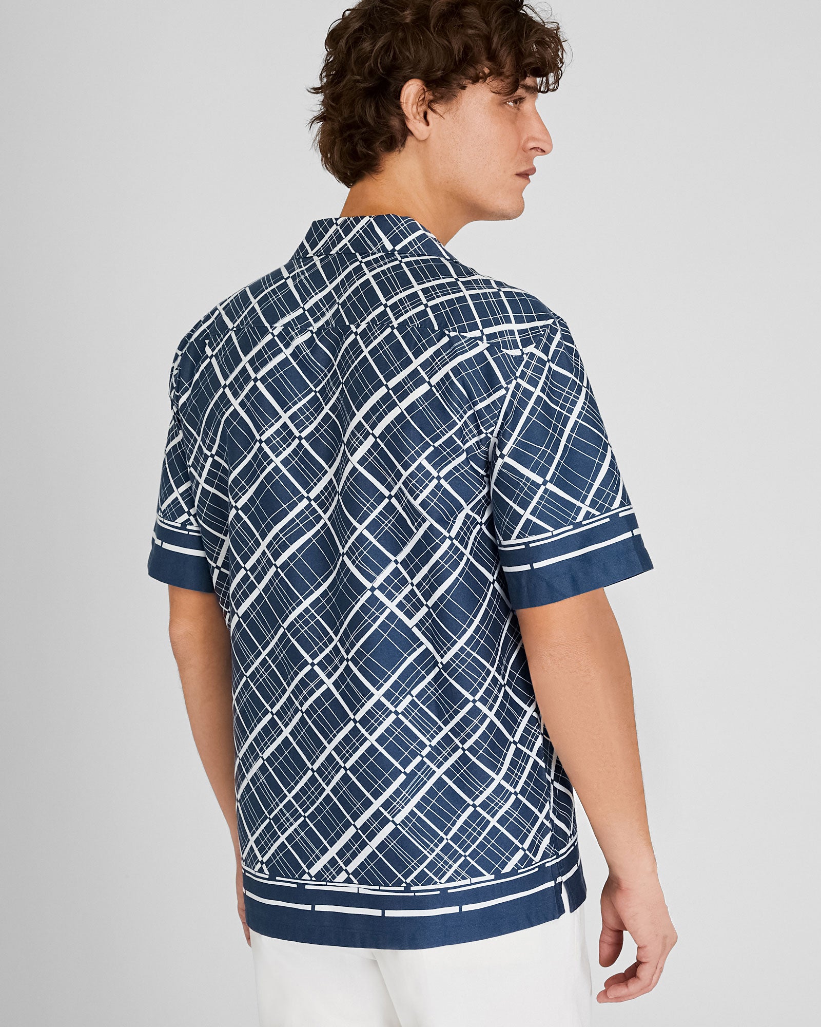 CLUB MONACO - Short-Sleeve Camp Collar Border Grid Shirt - Navy