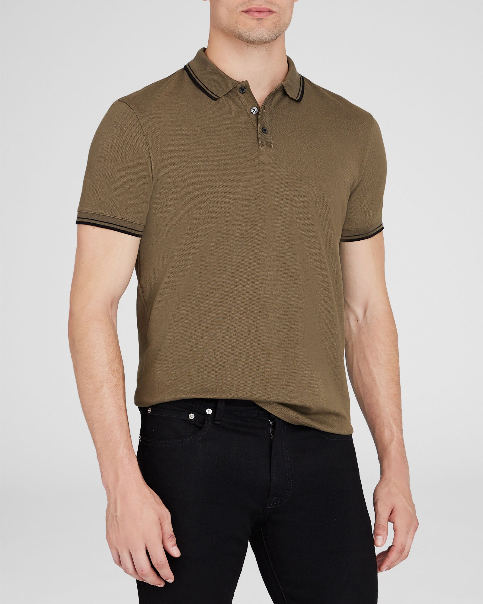 CLUB MONACO - Polo en coton à col bordé - olive moyenne