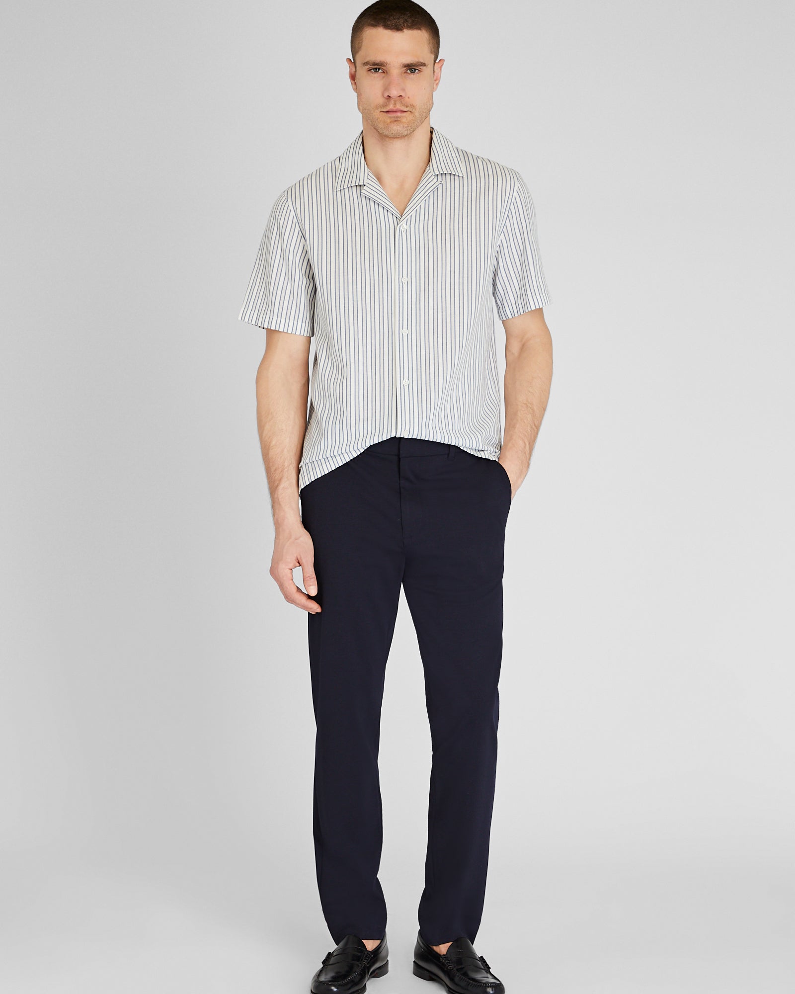 CLUB MONACO - Textured Stripe Camp Collar Shirt - White Base Stripe